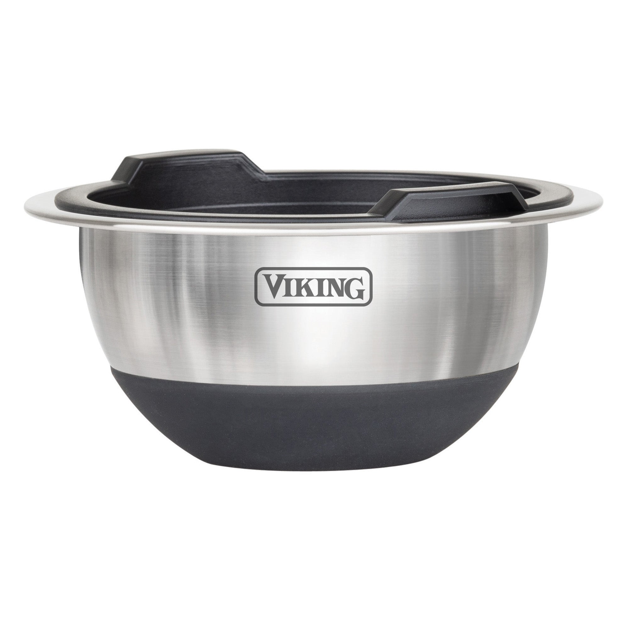 The Viking Culinary Products 8-Piece Stainless Steel Mixing Bowl Set with Lids in black features black silicone bases and handles, displayed on a white background.