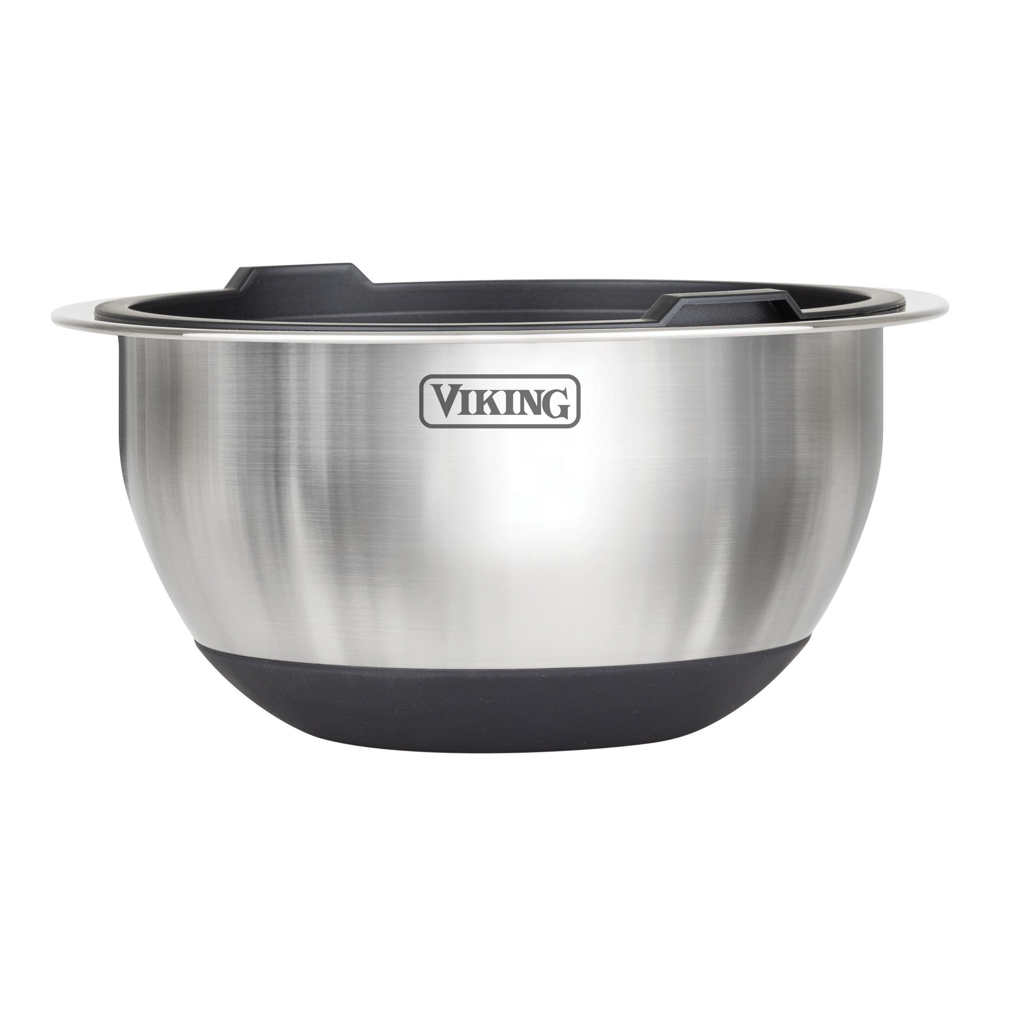 The Viking 8-Piece Stainless Steel Mixing Bowl Set with Lids by Viking Culinary Products includes bowls with black silicone bases and handles, and features the Viking logo on the side.