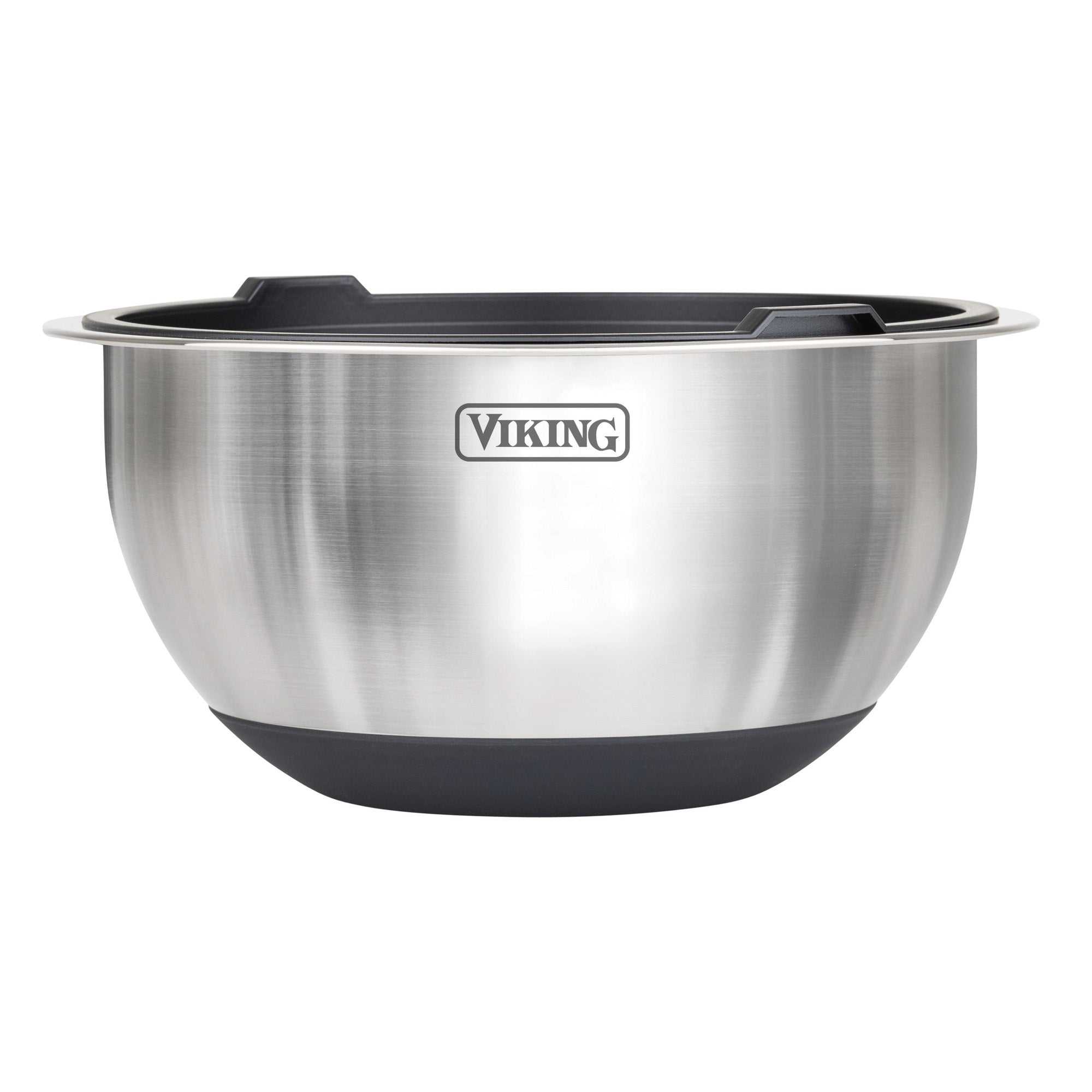 The Viking 8-Piece Stainless Steel Mixing Bowl Set with Lids by Viking Culinary Products features a black silicone base and the Viking logo on the side, shown against a white background.