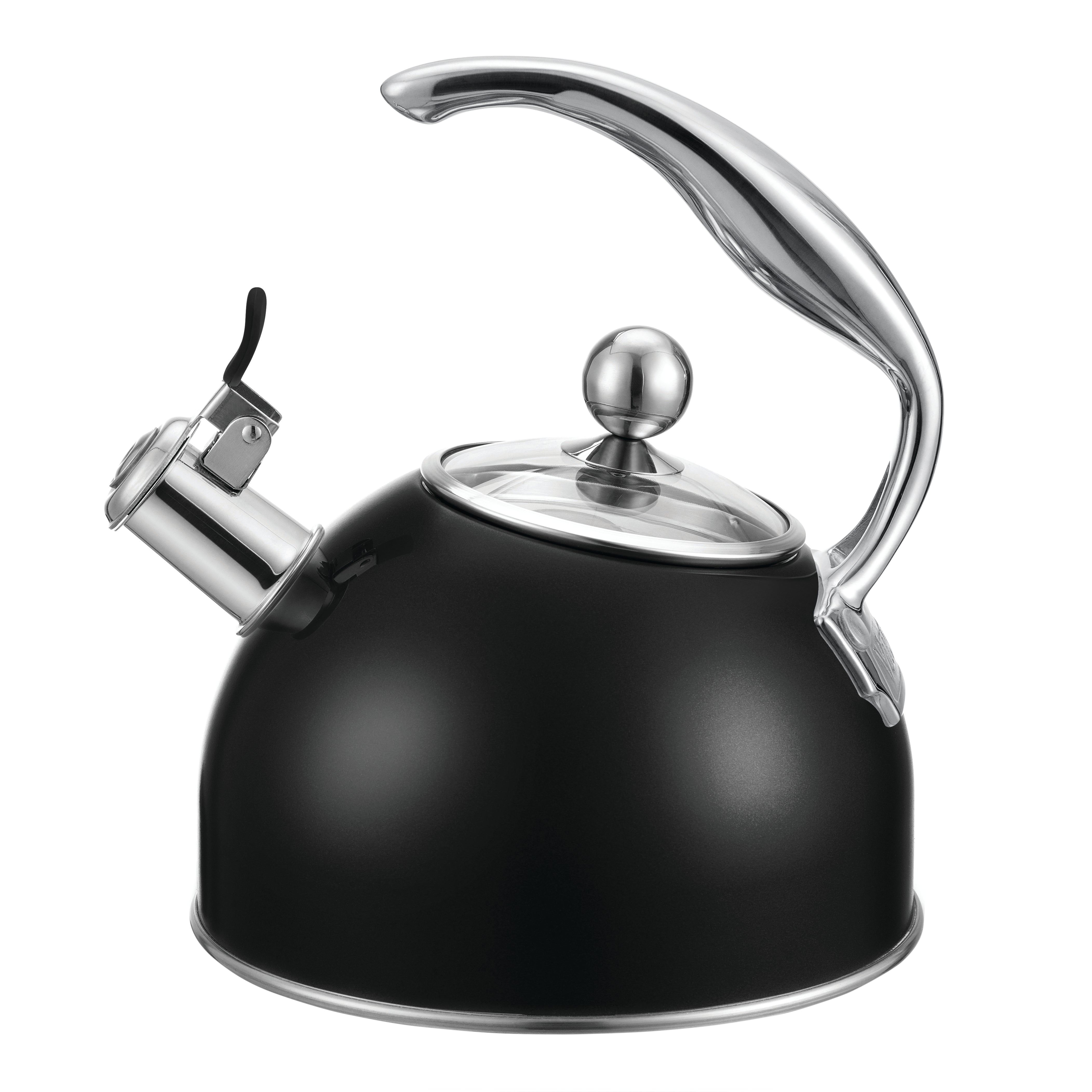 The Viking 2.6 Qt. Matte Black Stainless Steel Whistling Kettle from Viking Culinary Products features a shiny silver curved ergonomic handle, spout, and lid with a flip-top cover, shown on a white background.