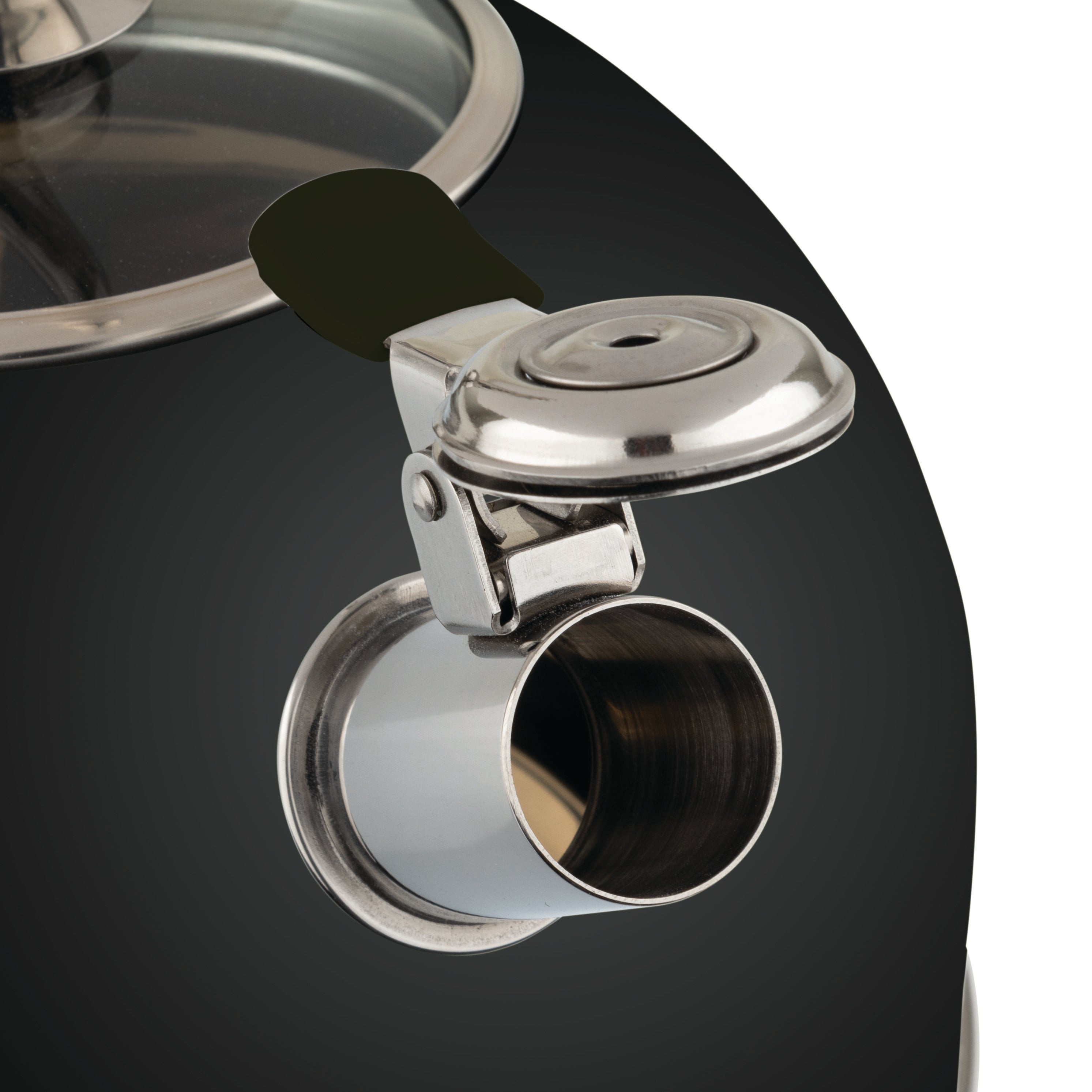 Close-up of the Viking Culinary Products 2.6 Qt. Stainless Steel Whistling Kettle with 3-Ply Base, Matte Black, showing the shiny spout with open lid and part of the black body.