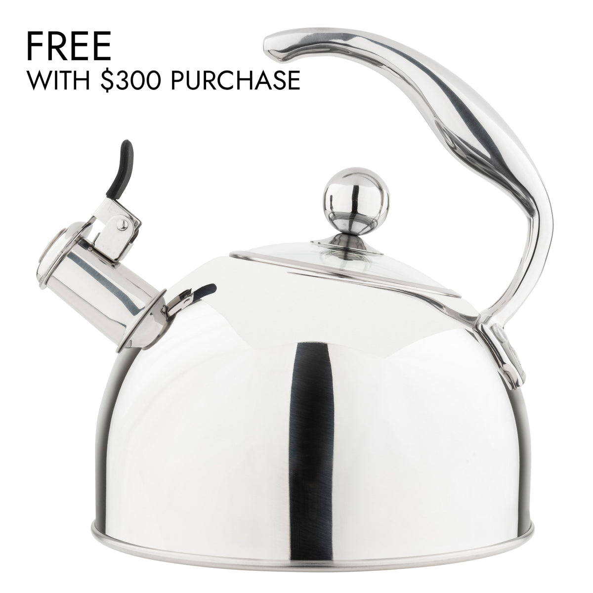 Viking 2.6-Quart Mirrored Stainless Steel Whistling Kettle with 3-Ply Base, induction compatible, with the text FREE WITH $300 PURCHASE above it.
