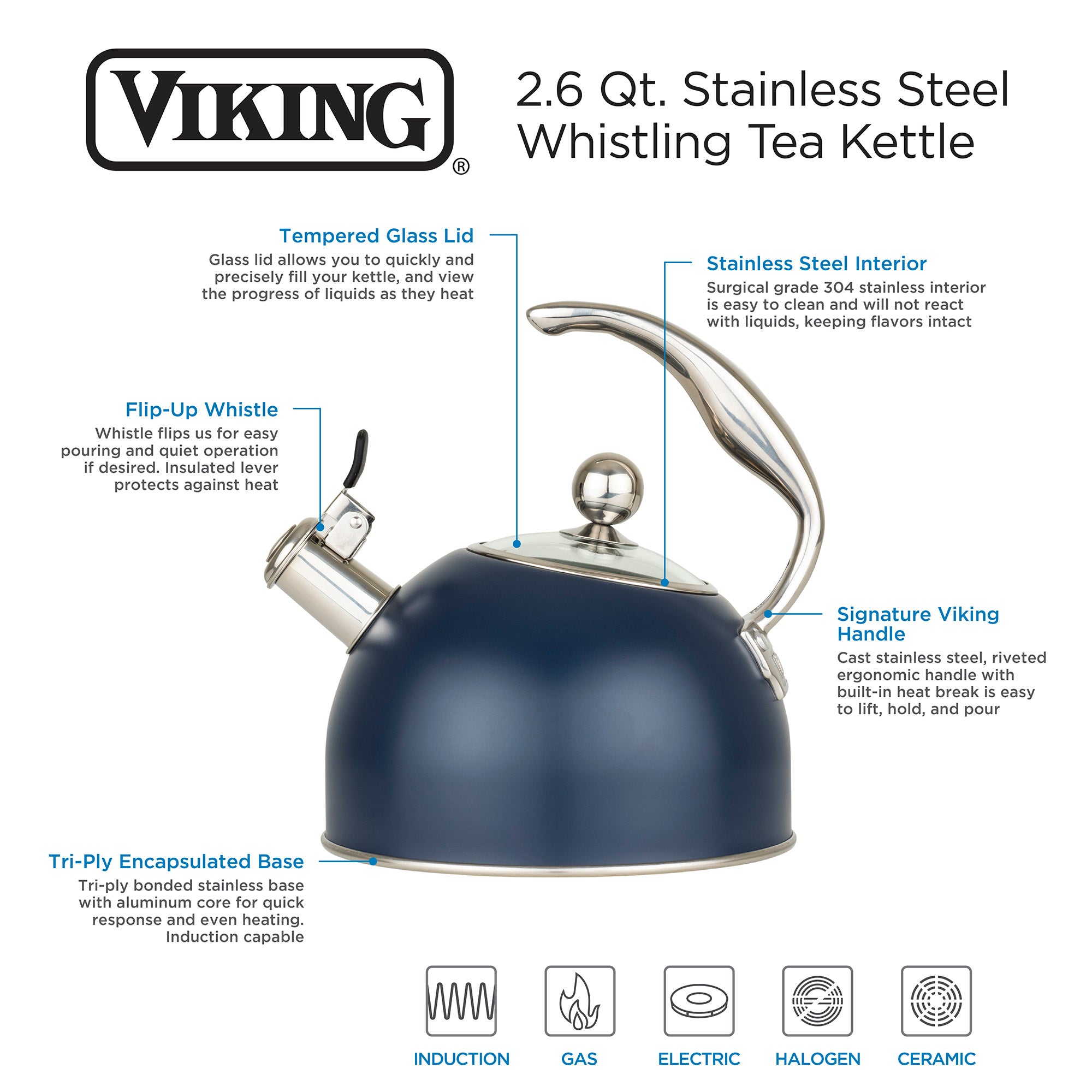 Viking 2.6-Quart Slate Blue Stainless Steel Whistling Kettle with 3-Ply Base