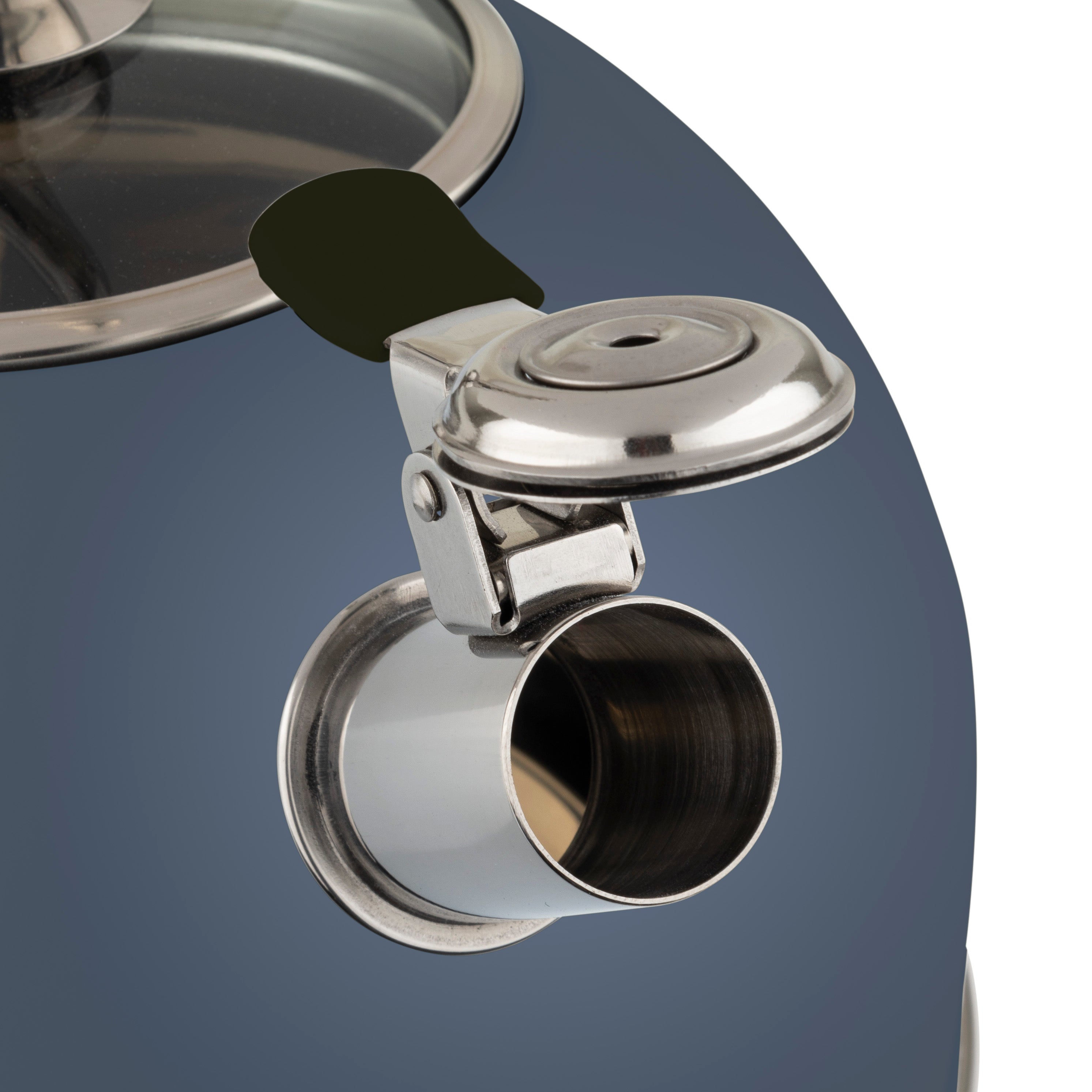Close-up of the Viking 2.6-Quart Slate Blue Stainless Steel Whistling Kettles open spout and lid, emphasizing its shiny, reflective finish and part of the kettle’s body by Viking Culinary Products.