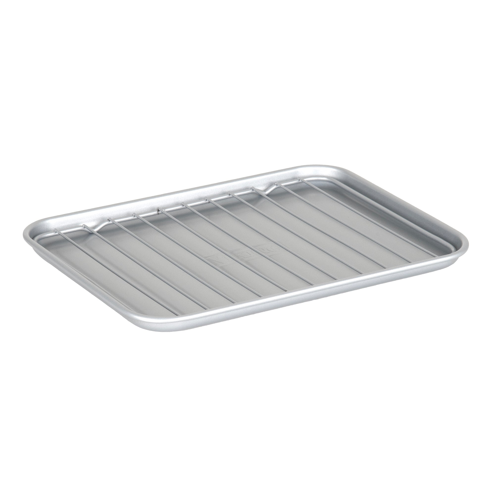 The Viking Aluminized Steel Nonstick Toaster Oven Roasting Pan with Rack by Viking Culinary Products is shown with its raised wire rack inside, set against a plain white background.