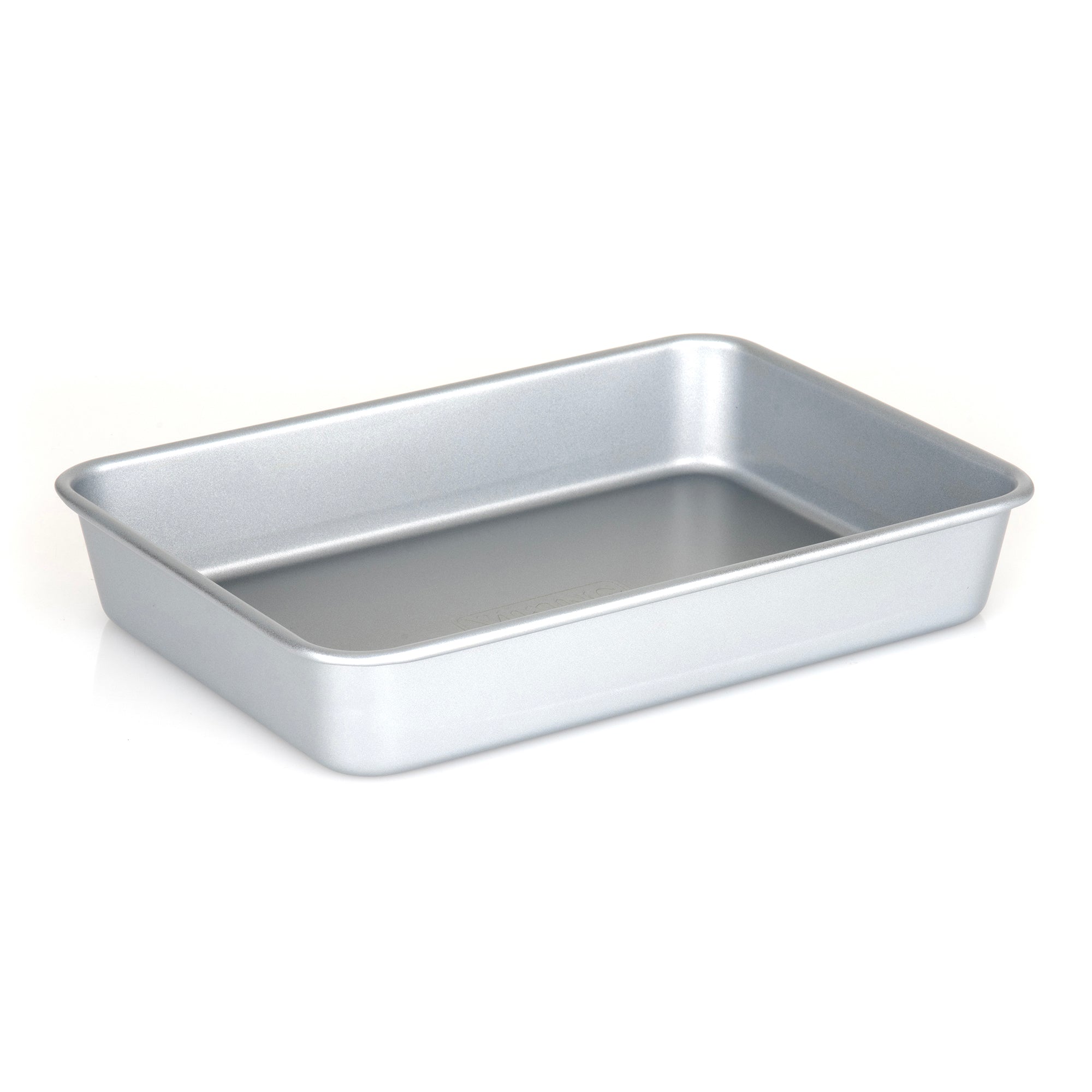 The Viking Aluminized Steel Nonstick 13" x 9" Roasting Pan by Viking Culinary Products is a rectangular metal baking pan with straight sides and slightly rounded corners, shown empty on a white background.