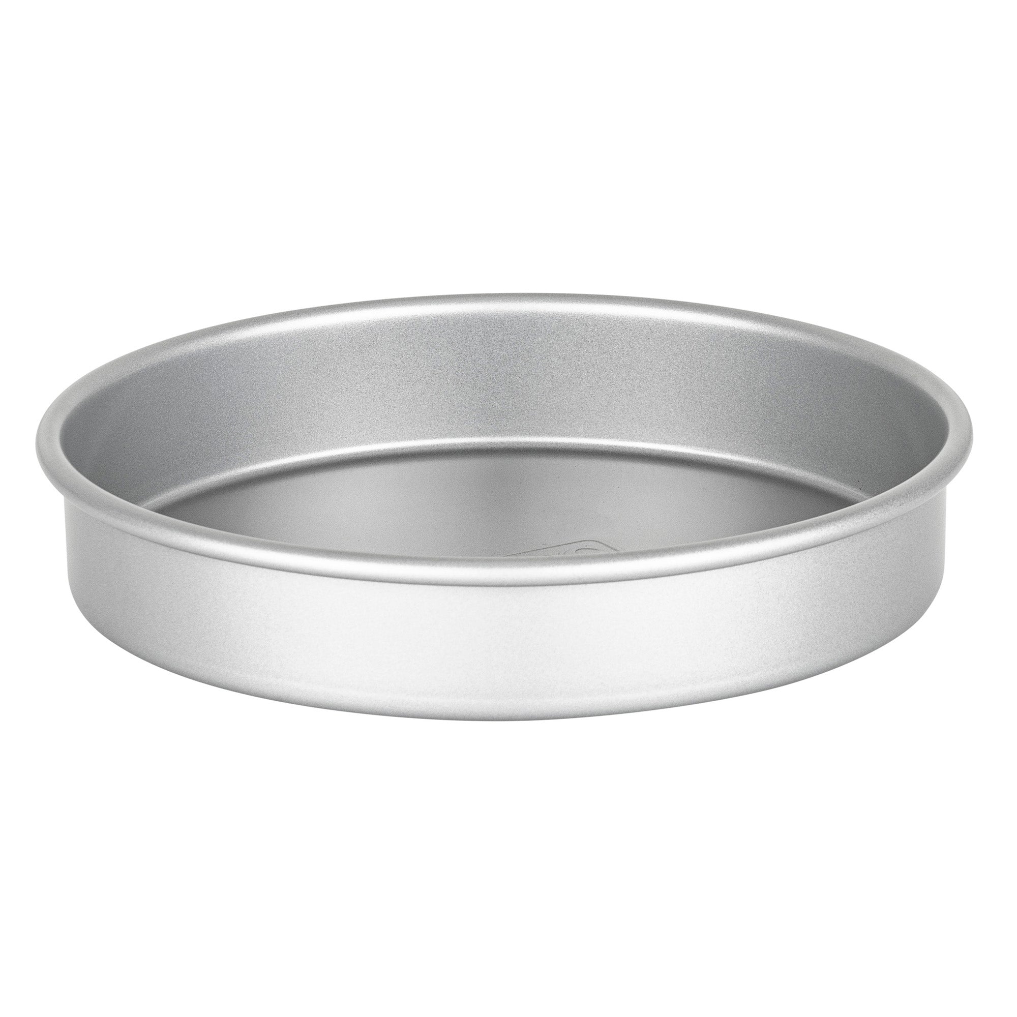 The Viking Aluminized Steel Nonstick 9-inch Round Cake Pan by Viking Culinary Products features straight sides and a smooth, silver surface, displayed on a white background.