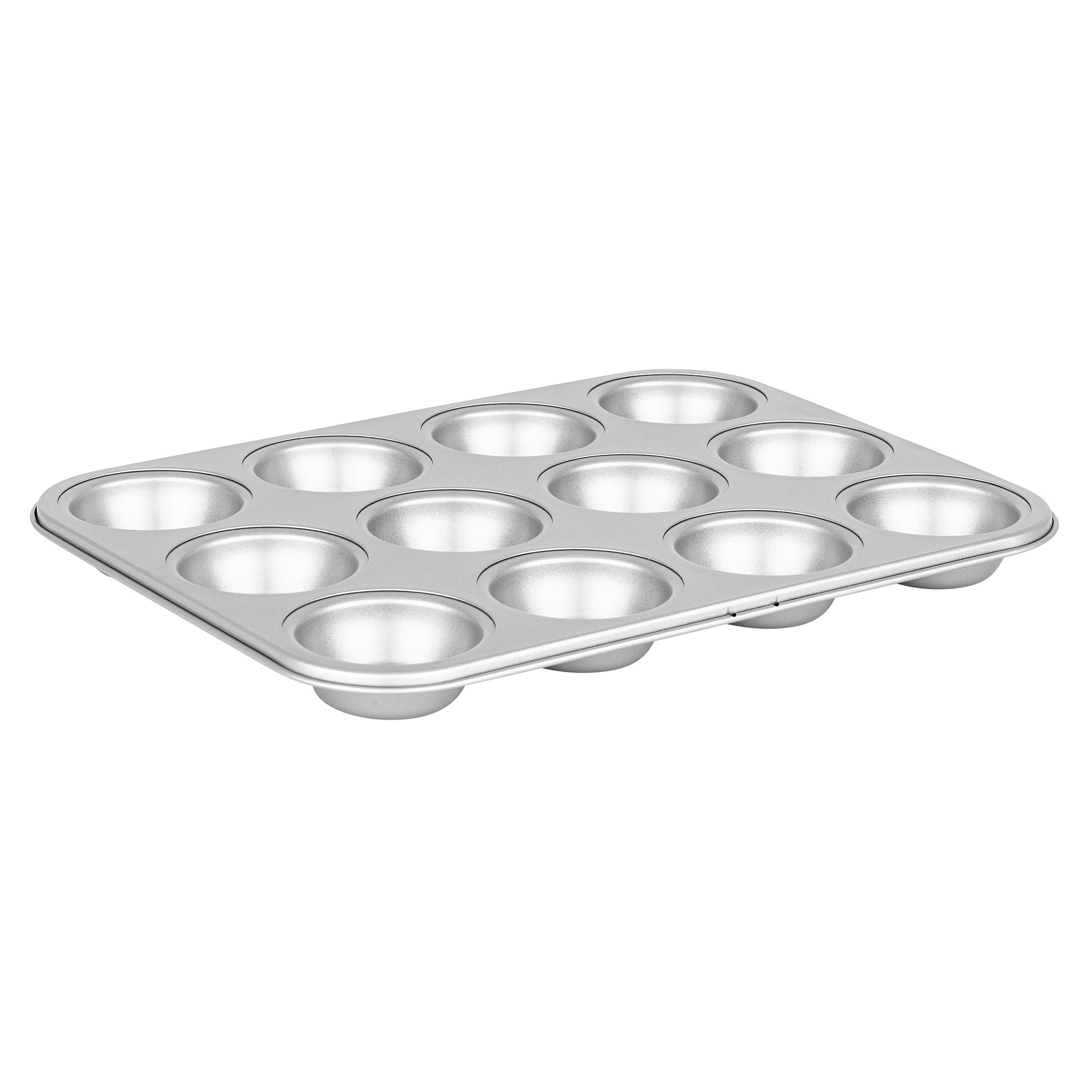 The Viking Aluminized Steel Nonstick 12-Cup Muffin Pan by Viking Culinary Products features twelve round cups in a 3x4 grid, made of silver metal, and is set against a white background.