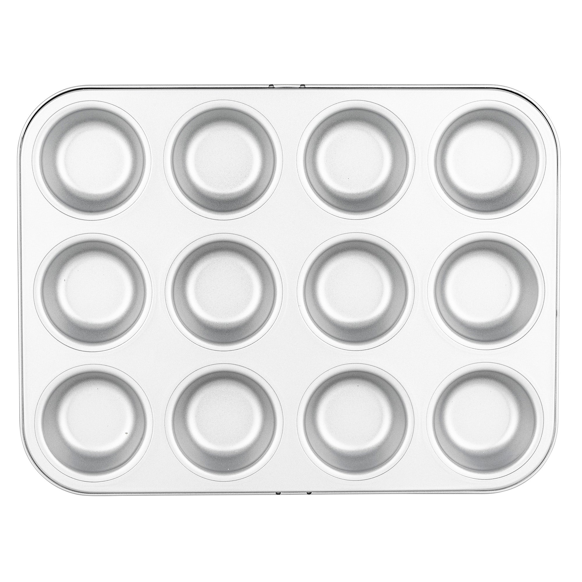 A top-down view of the Viking Culinary Products Viking Aluminized Steel Nonstick 12-Cup Muffin Pan, empty and clean, on a white background.