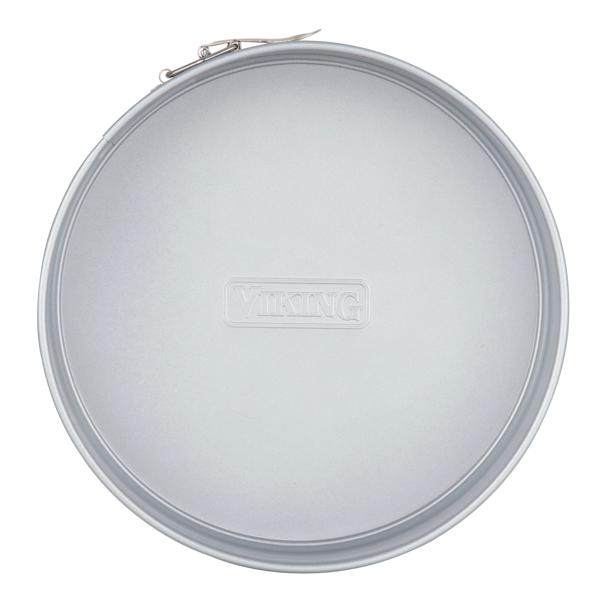 A Viking Aluminized Steel Nonstick 9-inch Springform Pan by Viking Culinary Products is shown from above on a plain white background, featuring a latch and "VIKING" embossed in the center.