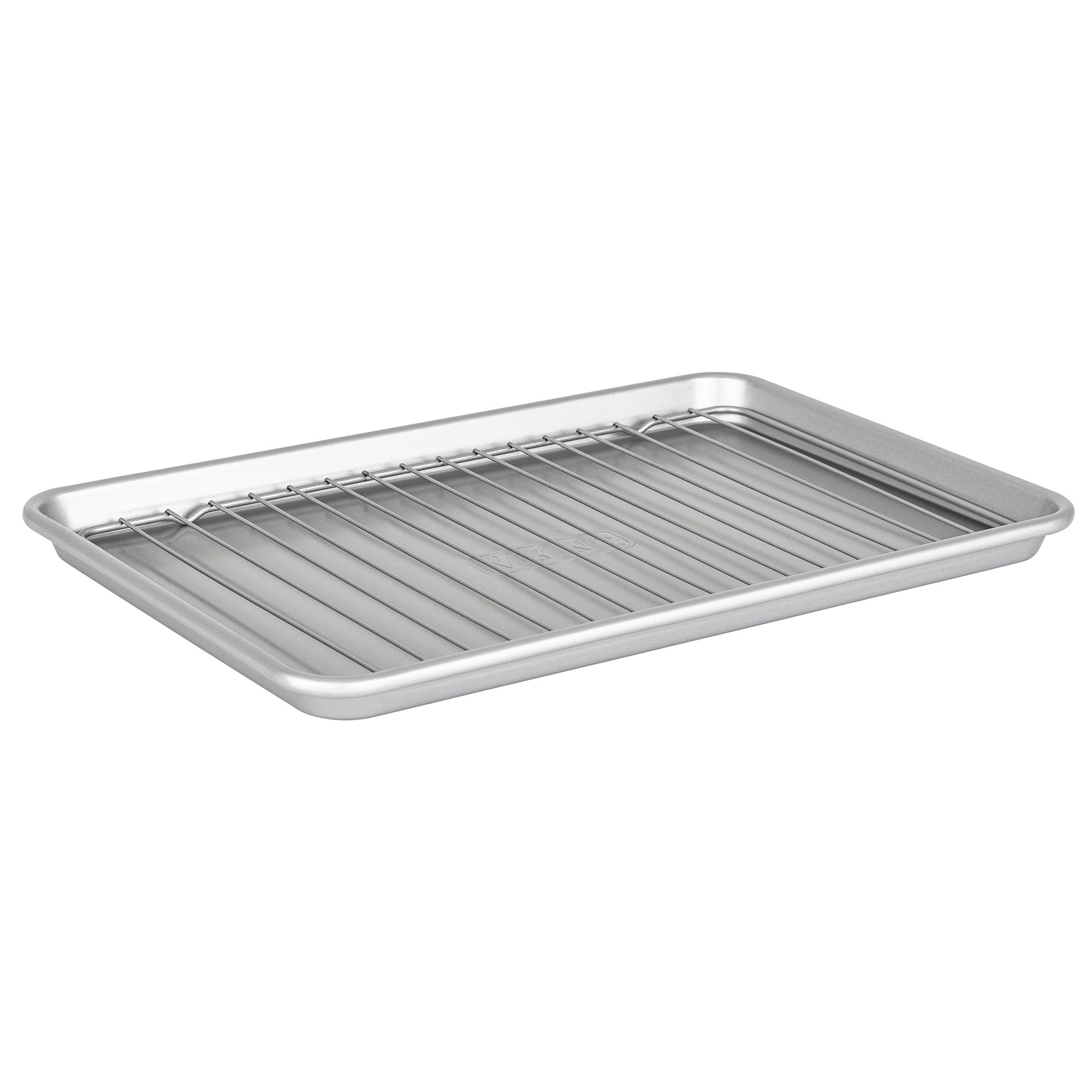 The Viking Aluminized Steel Nonstick 15-inch Baking Sheet with Rack from Viking Culinary Products features a silver finish and includes a fitted wire cooling rack, both displayed on a white background.