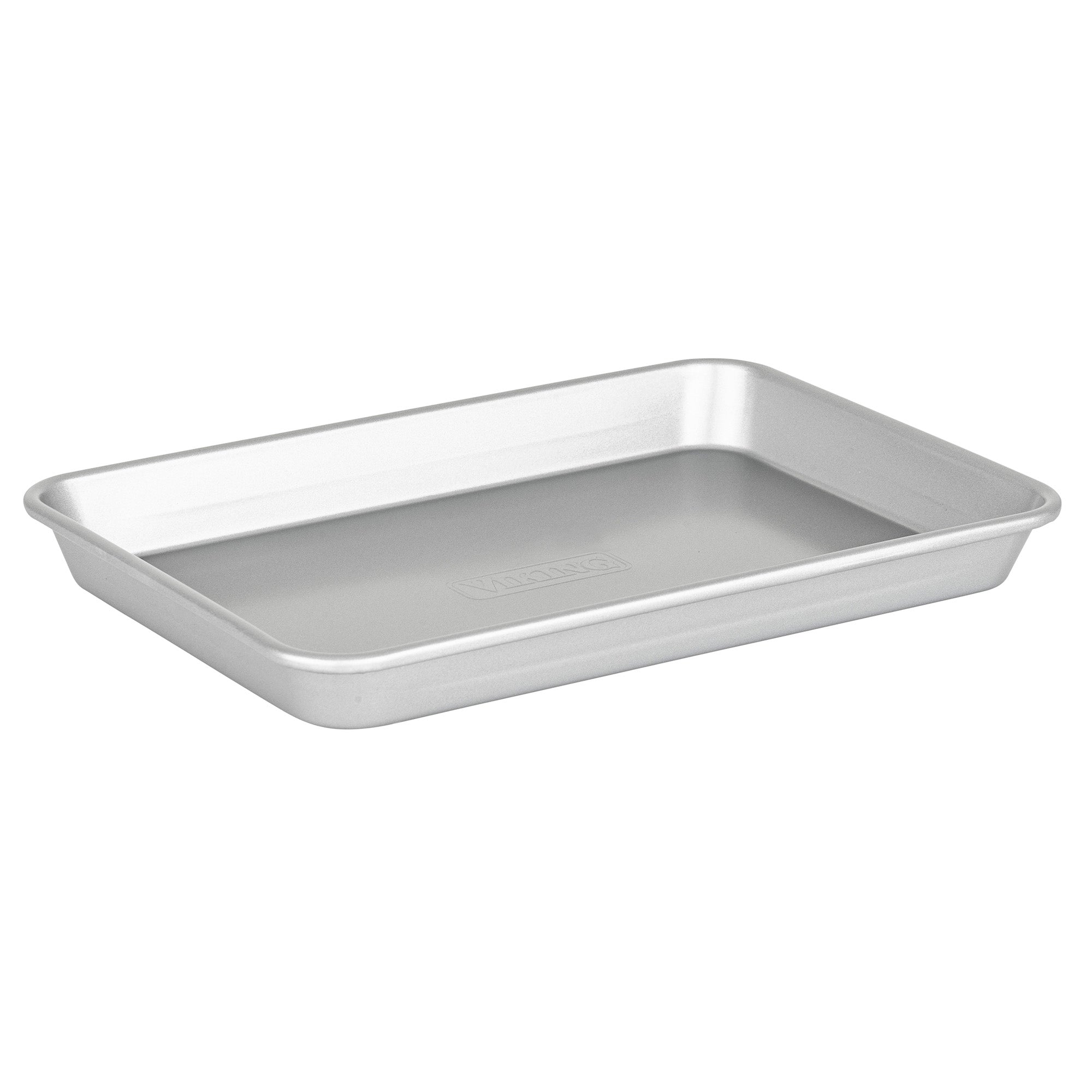 The Viking Aluminized Steel Nonstick 3-pc Nesting Baking Sheet Set from Viking Culinary Products features rectangular, silver-colored pans with slightly sloped sides and flat bottoms, shown on a white background.
