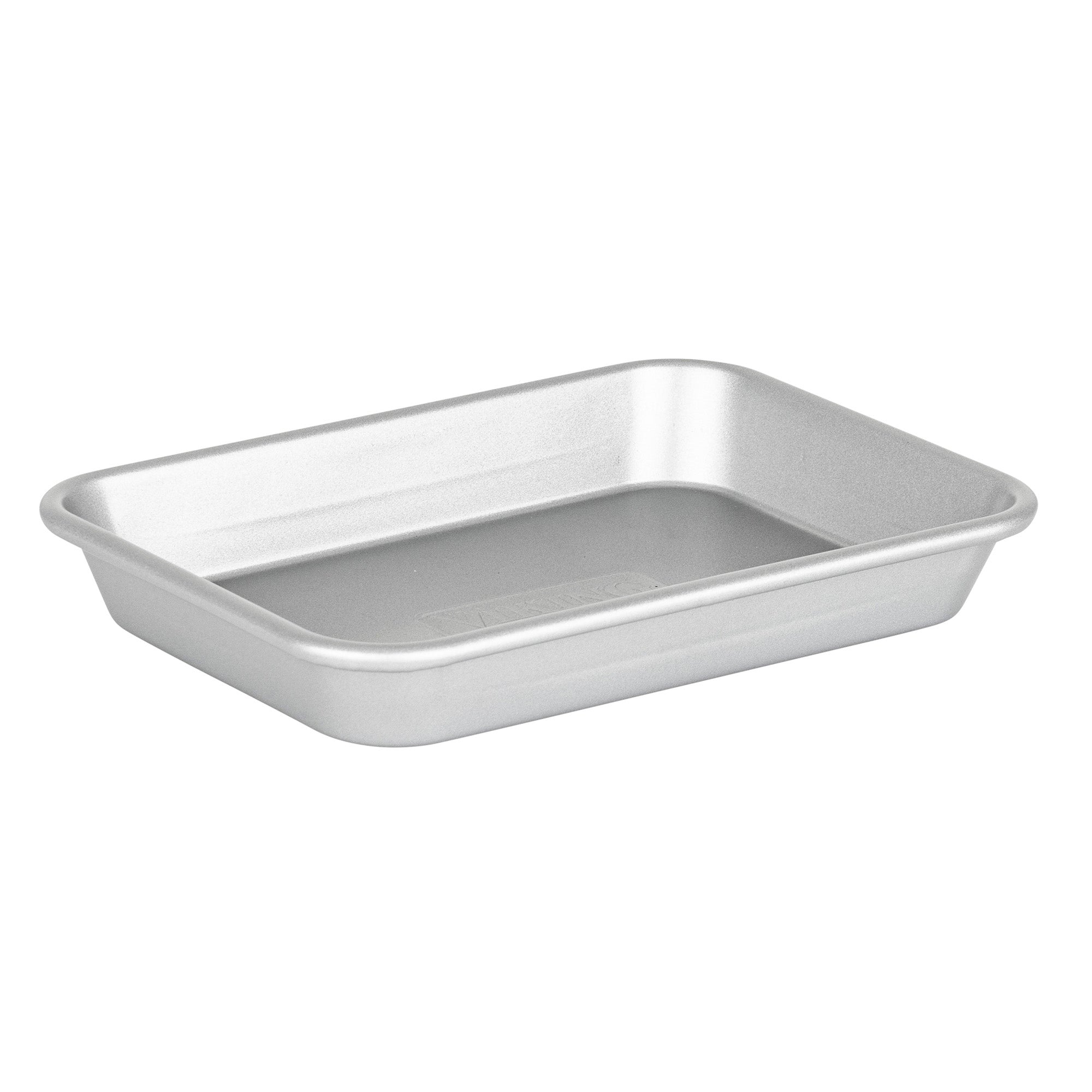 The Viking Aluminized Steel Nonstick 3-pc Nesting Baking Sheet Set by Viking Culinary Products features rectangular, silver pans with rounded corners and raised edges, displayed on a white background.