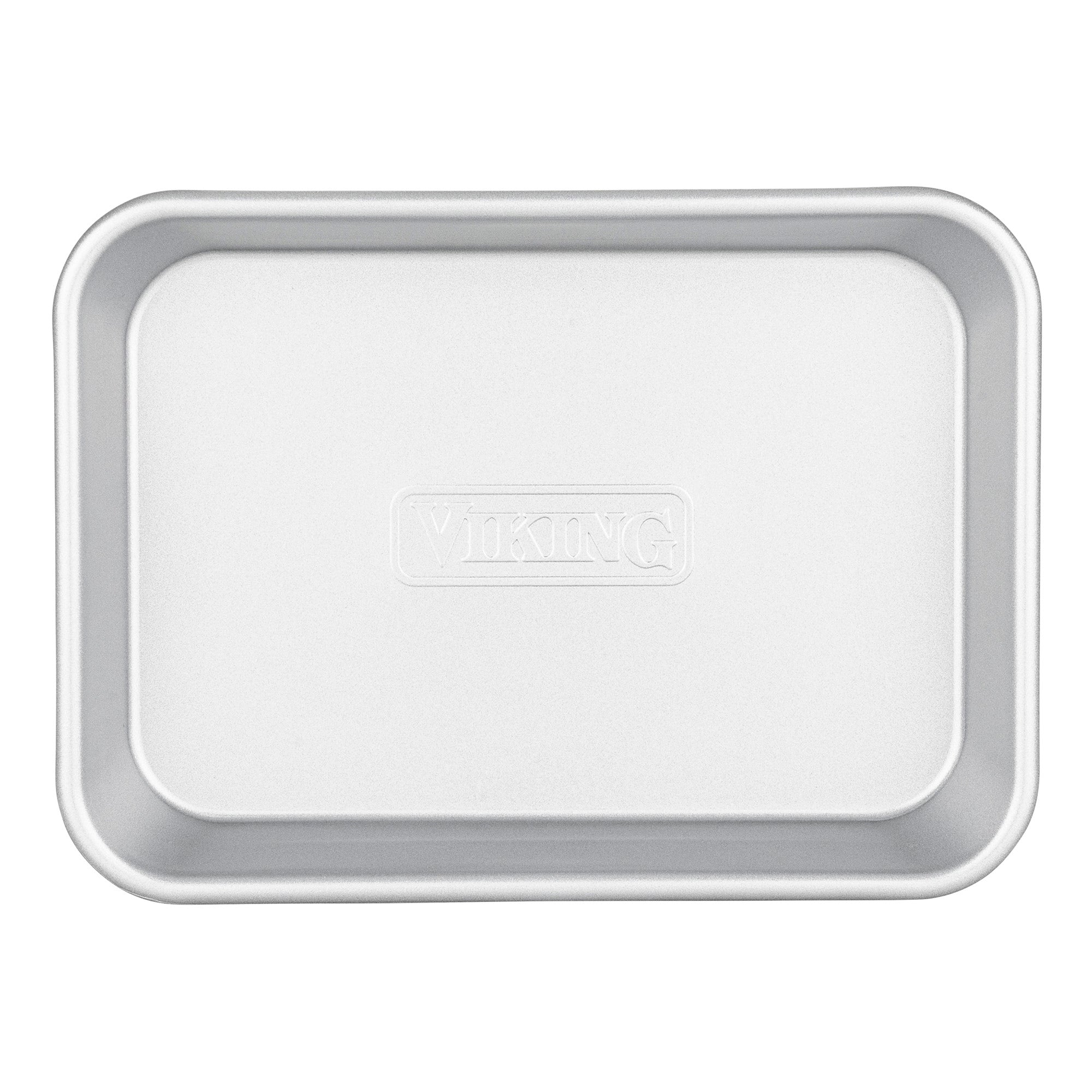 A set of three rectangular nonstick aluminized steel baking sheets by Viking Culinary Products, each with rounded corners and "VIKING" embossed at the center.