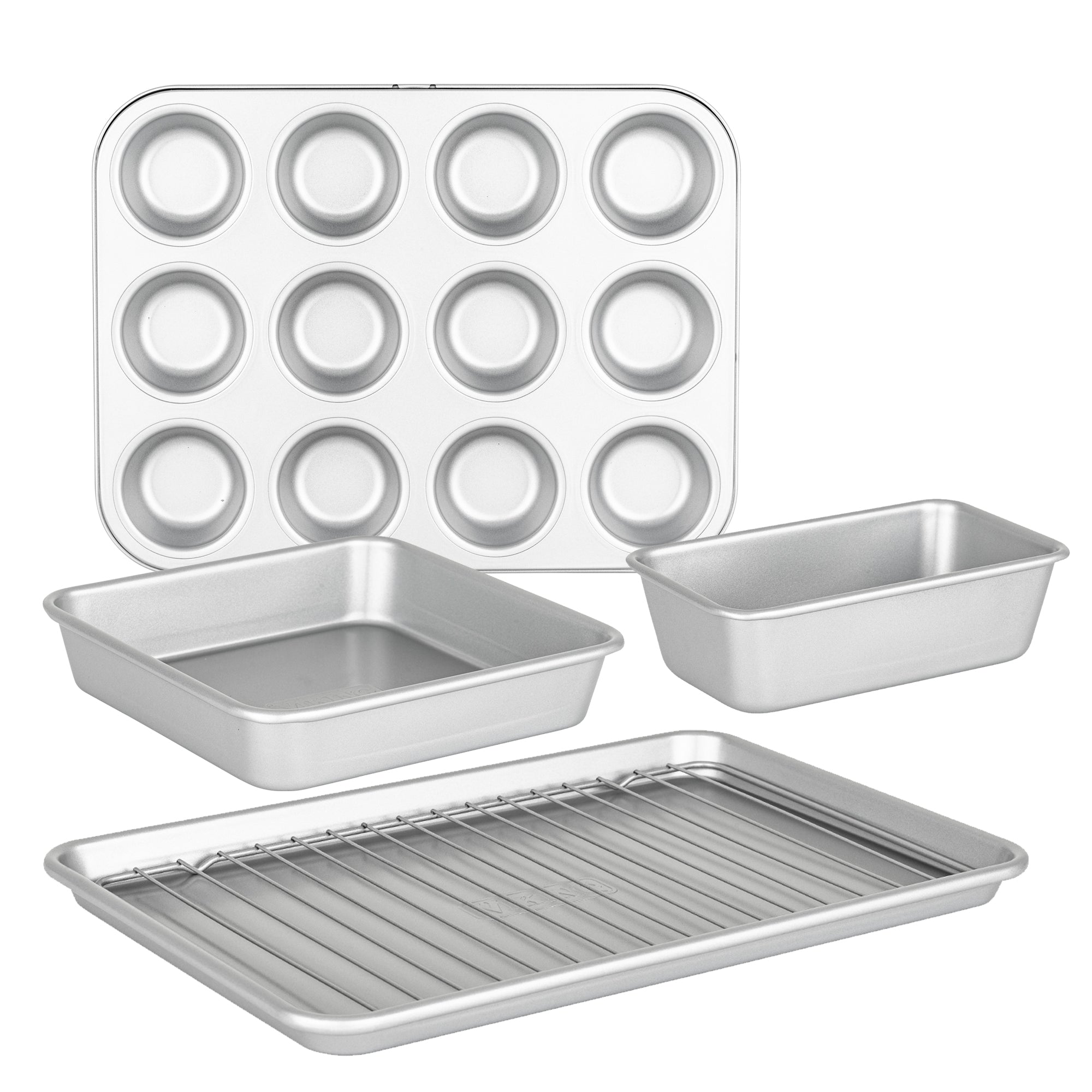 The Viking Aluminized Steel Nonstick 5-pc Bakeware Set from Viking Culinary Products includes a muffin pan, square cake pan, rectangular loaf pan, baking sheet, and a metal cooling rack.