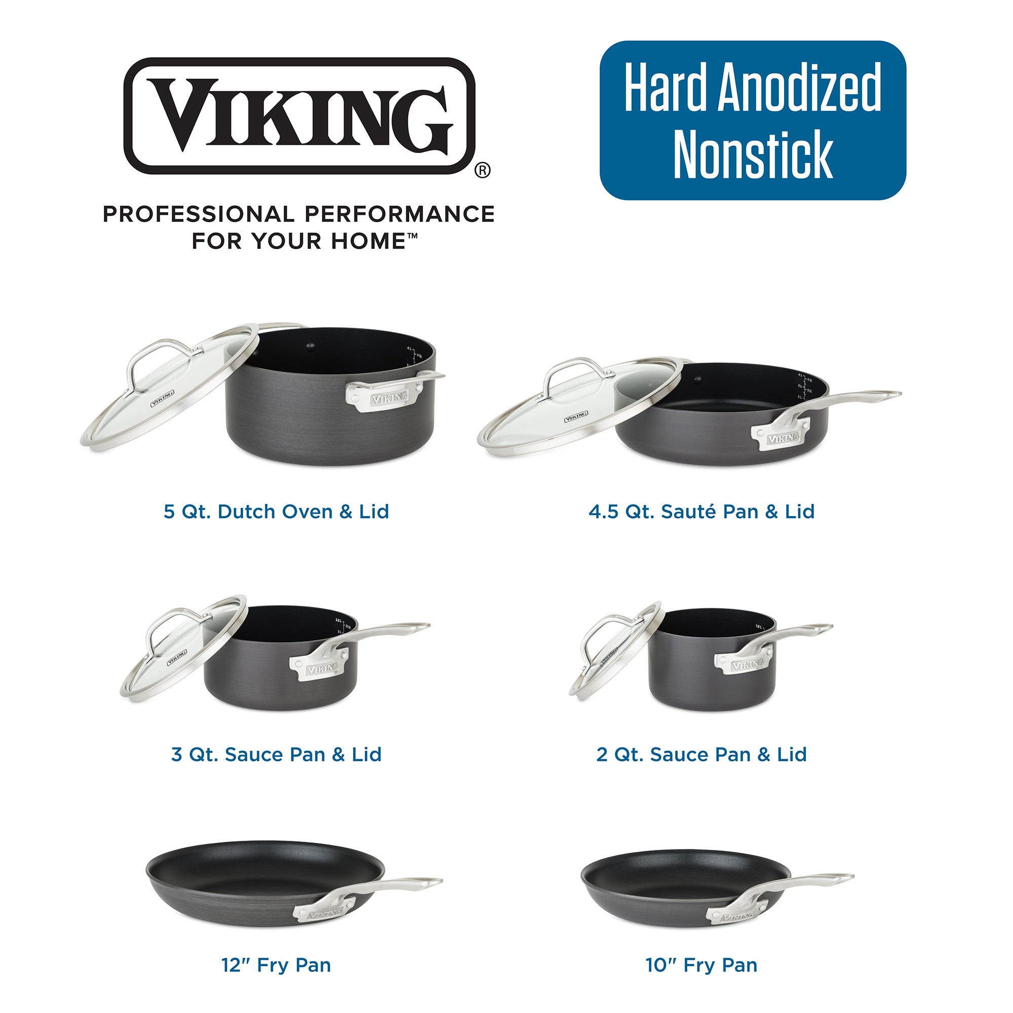 Image of the Viking Culinary Products Hard Anodized Nonstick 10-Piece Cookware Set with Glass Lids, including a 5 qt. Dutch oven, sautÃ© and sauce pans, and 12 and 10 fry pansâ€”designed for efficient cooking and simple cleanup.