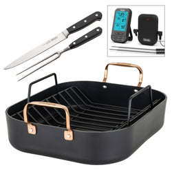 Product Image for Viking Hard Anodized Roaster with Copper Handles, Rack, and Double Bonus – Bluetooth Thermometer and Carving Set