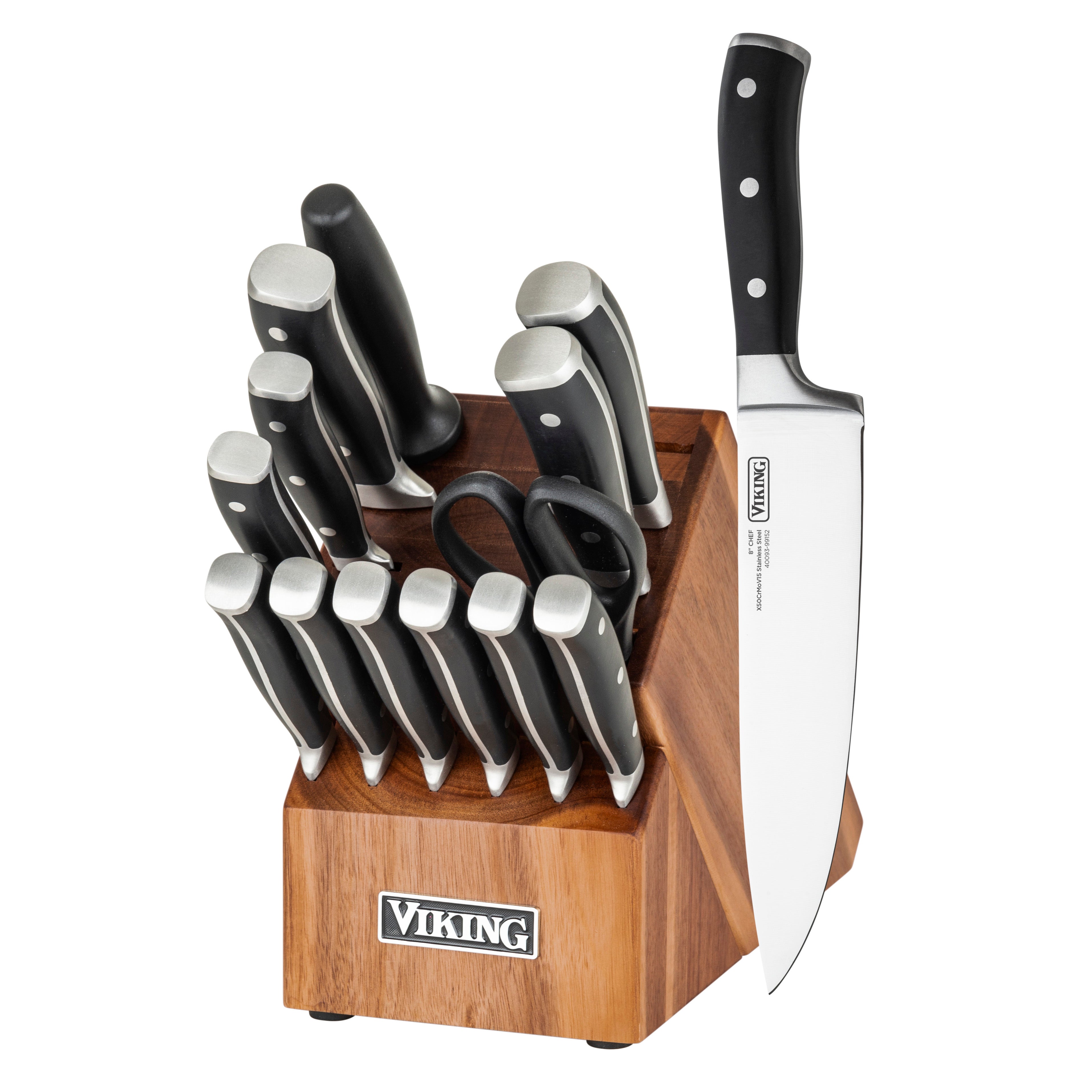 15-Piece Stainless Steel Cutlery Set with Acacia Wood Block | Viking