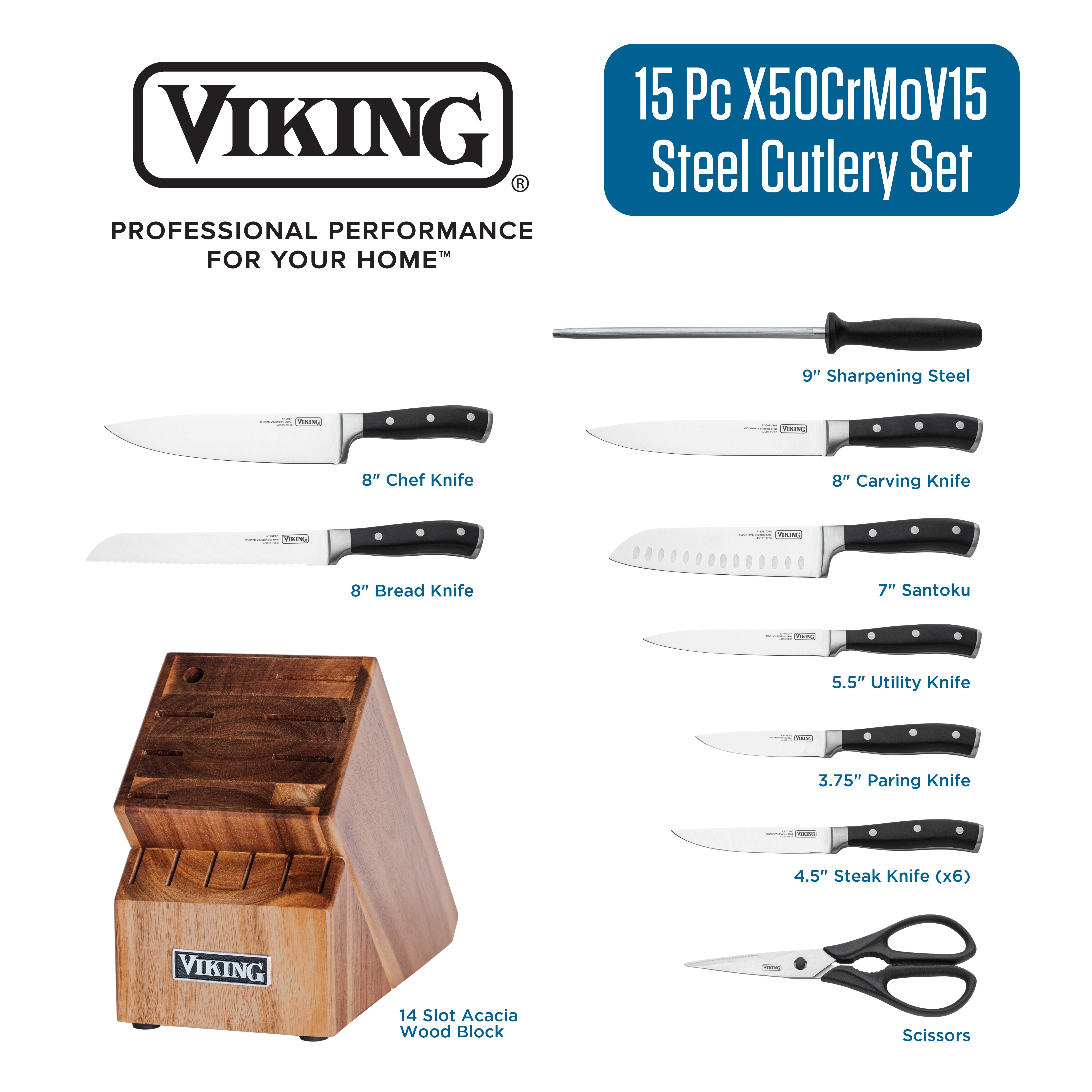 15-Piece Stainless Steel Cutlery Set with Acacia Wood Block | Viking