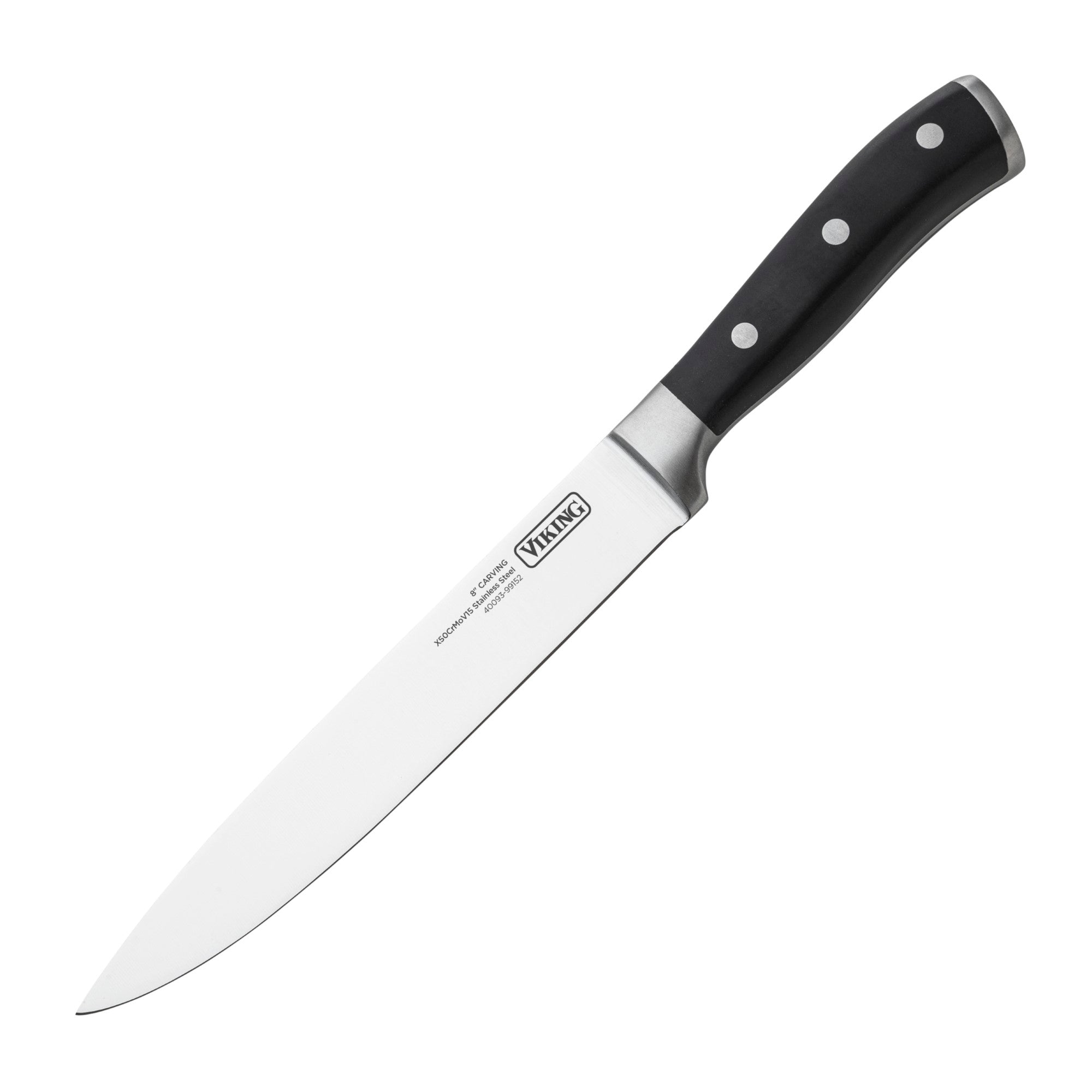 The Viking 15-Piece Stainless Steel Cutlery Set by Viking Culinary Products includes a chef’s knife with a black, triple-riveted handle and sleek, sharp blade—an ideal addition to any quality kitchen, pictured on a white background.