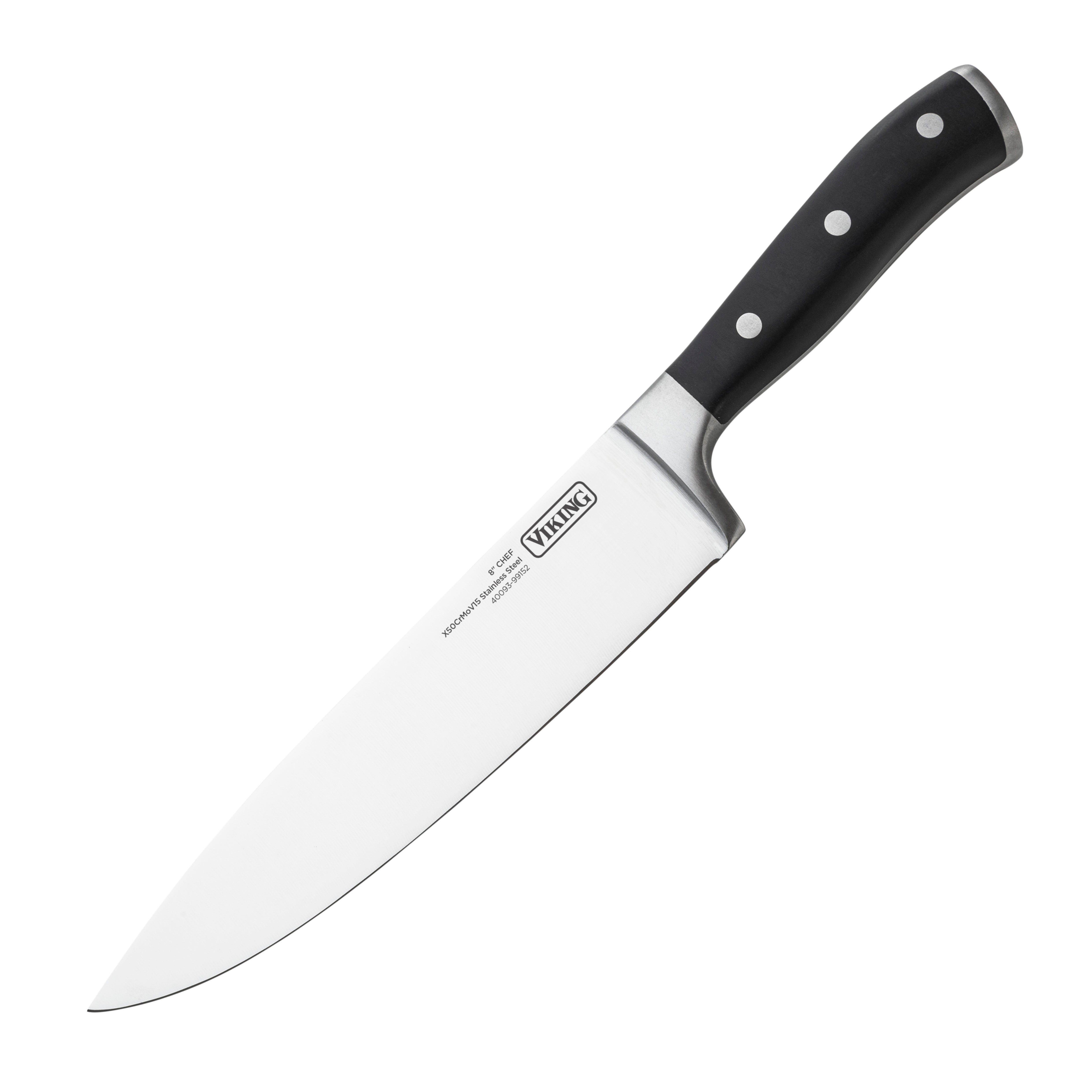 A stainless steel chef’s knife with a black triple-riveted handle lies on a white background. Part of the Viking 15-Piece Stainless Steel Cutlery Set with Acacia Wood Block by Viking Culinary Products, the blade displays the brand name.
