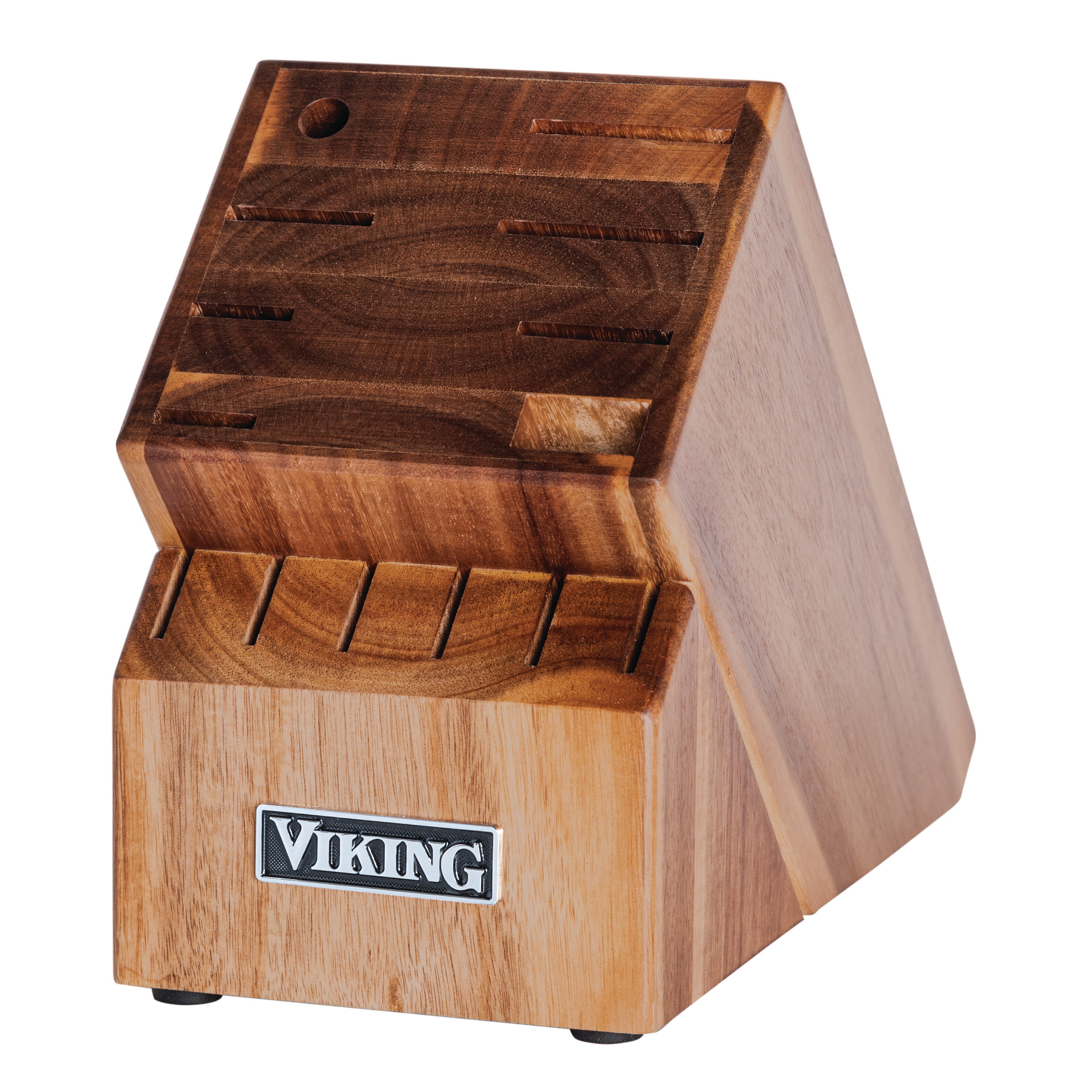 The Viking Culinary Products 15-Piece Stainless Steel Cutlery Set includes an acacia wood block with angled slots and a metal Viking logo, featuring a natural finish. Block is shown empty.