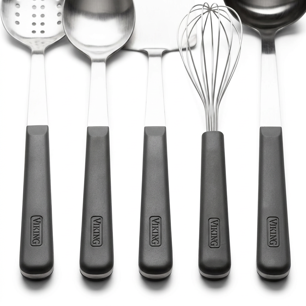 Viking ABS Handle 5pc Tool Set, Black, featuring five stainless steel kitchen tools with ergonomic handles: a slotted spoon, solid spoon, turner, whisk, and ladle.