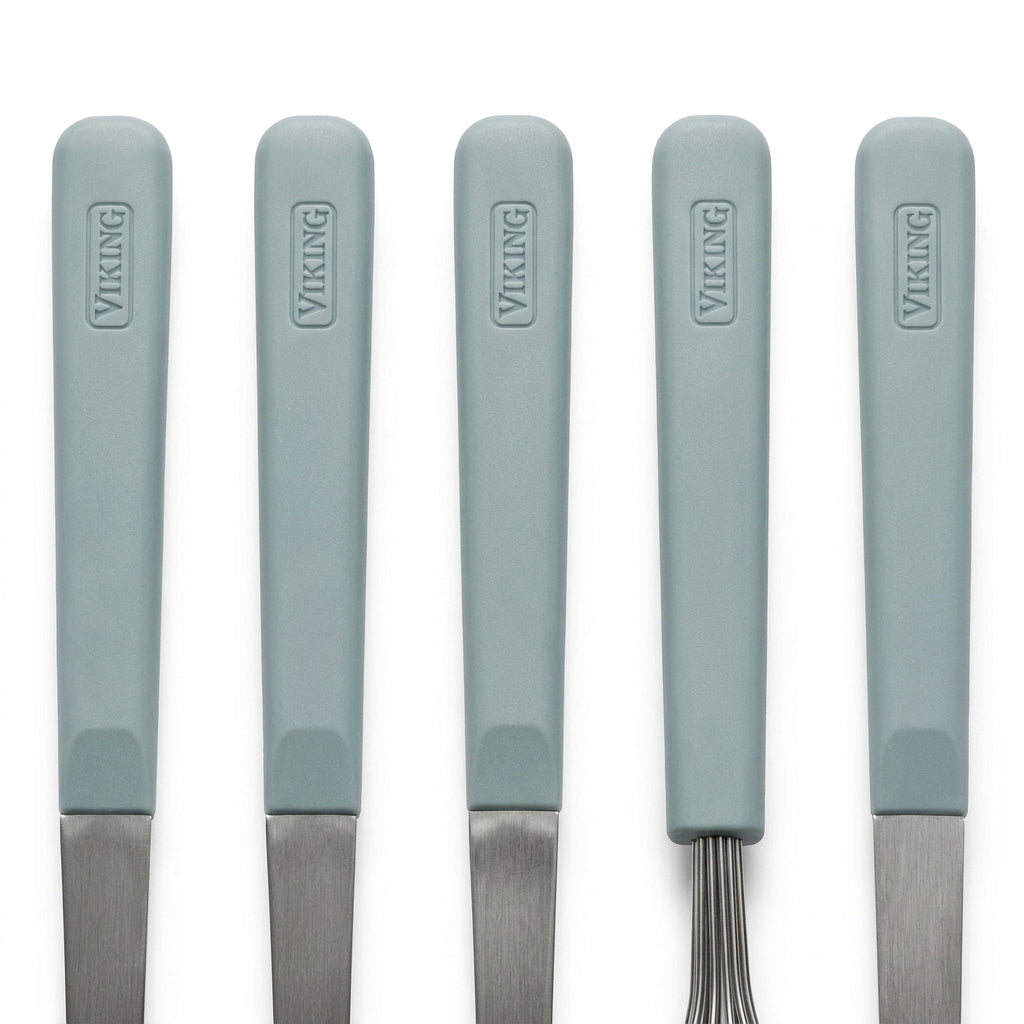 A Viking ABS Handle 5pc Tool Set, November Sky, featuring five stainless steel kitchen utensils with light blue handles: a slotted spoon, solid spoon, spatula, whisk, and ladle.