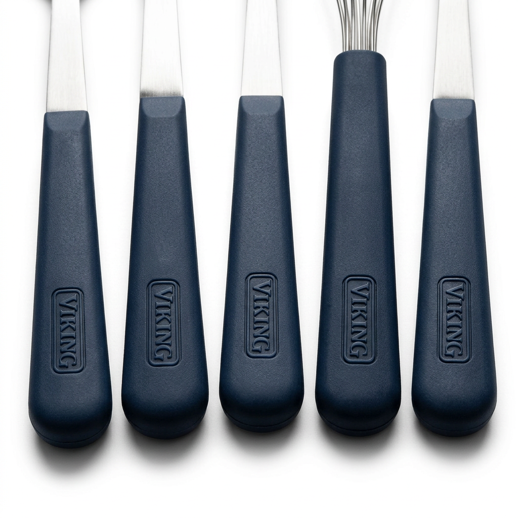 Five Viking ABS Handle 5pc Tool Seet, Slate Blue kitchen tools with dark blue ergonomic handles lined up side-by-side.