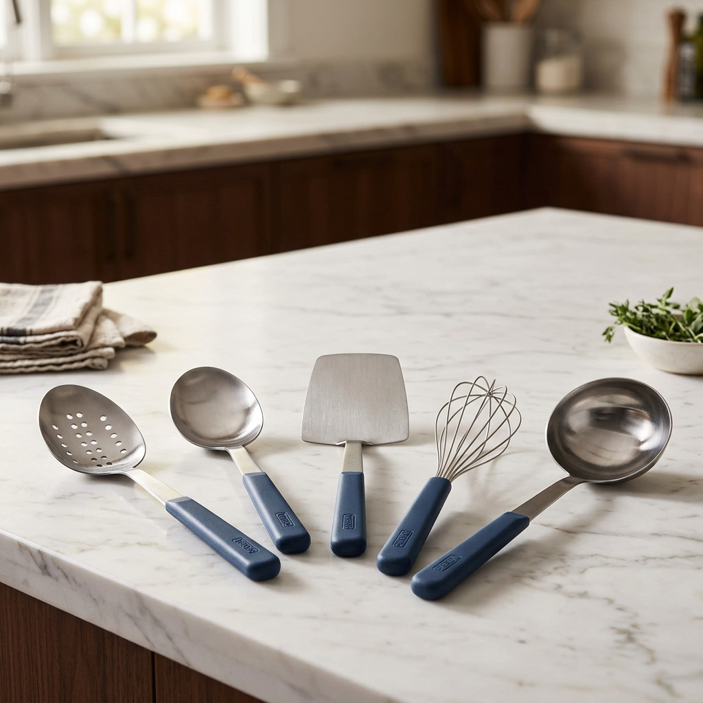 A Viking ABS Handle 5pc Tool Seet, Slate Blue featuring a slotted spoon, a solid spoon, a turner, a whisk, and a ladle arranged in a row on a marble countertop.