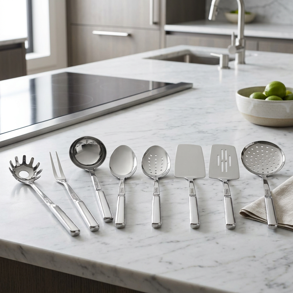 Viking 8-Piece Stainless Steel Utensil Set containing eight mirror-polished kitchen utensils, including a pasta server, carving fork, ladle, spoons, and spatulas, lined up on a marble countertop.