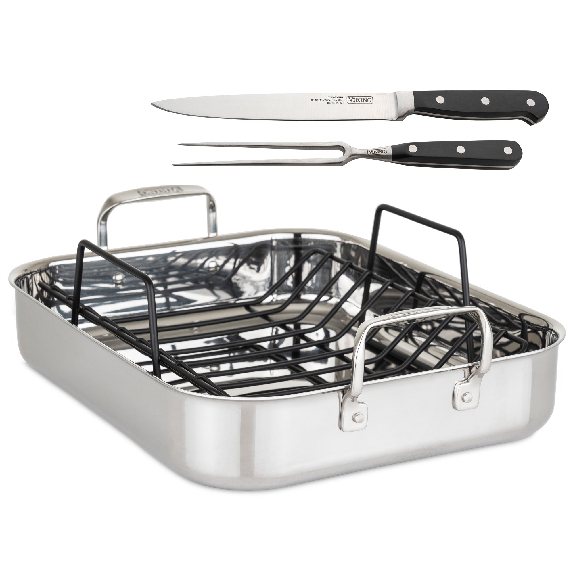 The Viking 3-Ply Stainless Steel Roaster with Rack and Bonus Carving Set by Viking Culinary Products includes handles, a nonstick rack, a carving knife, and a two-pronged forkâ€”all displayed on a white background.