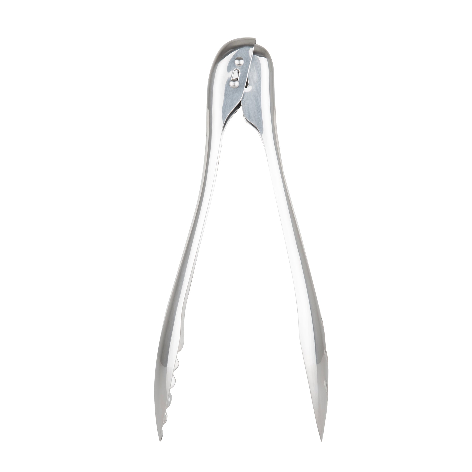 The Viking 12-inch Stainless Steel Gravity Tongs by Viking Culinary Products, featuring scalloped edges for safe one-handed use, are shown open and viewed from above against a white background.