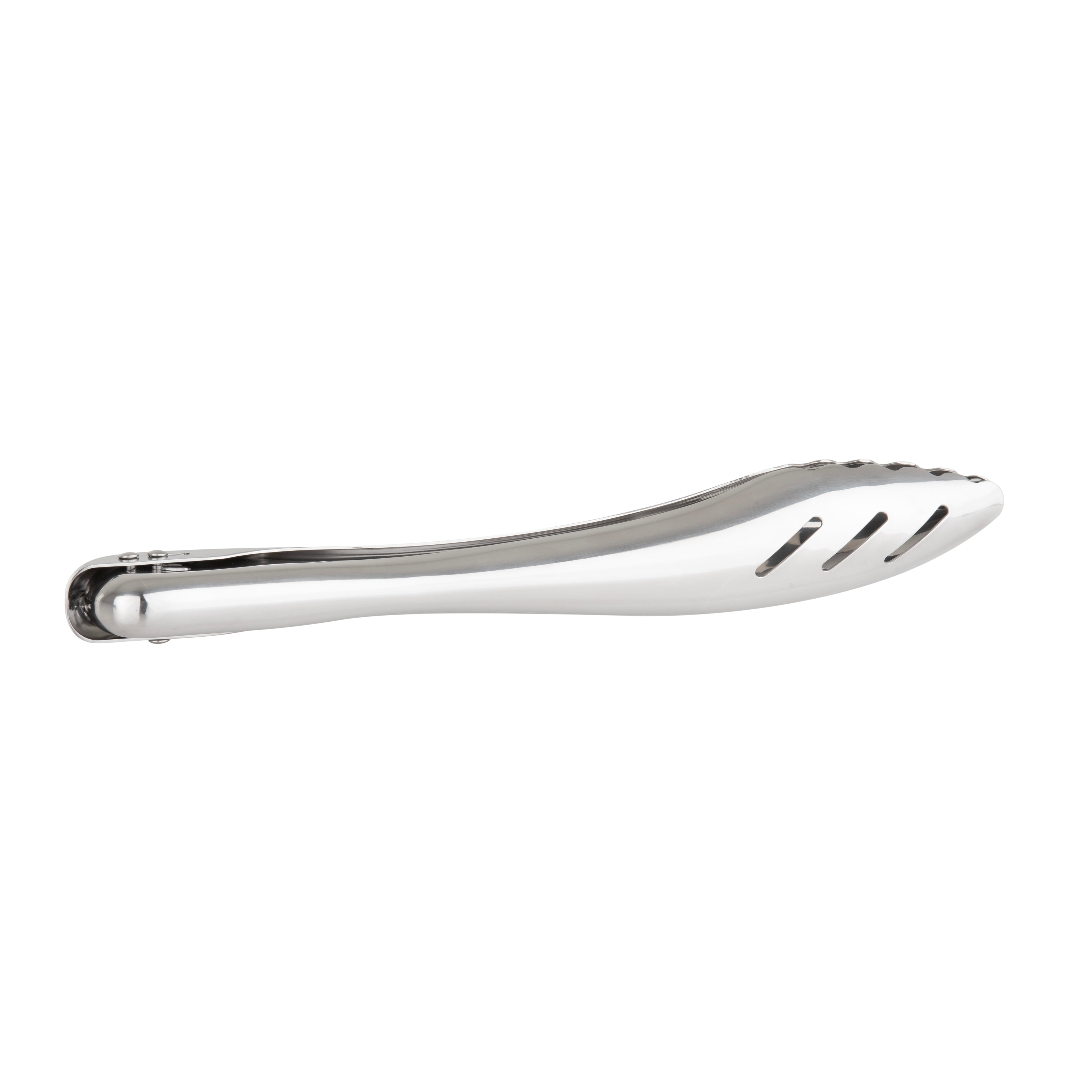 The Viking 12-inch Stainless Steel Gravity Tongs by Viking Culinary Products are shown closed and lying flat on a white background, designed for safe, one-handed use.