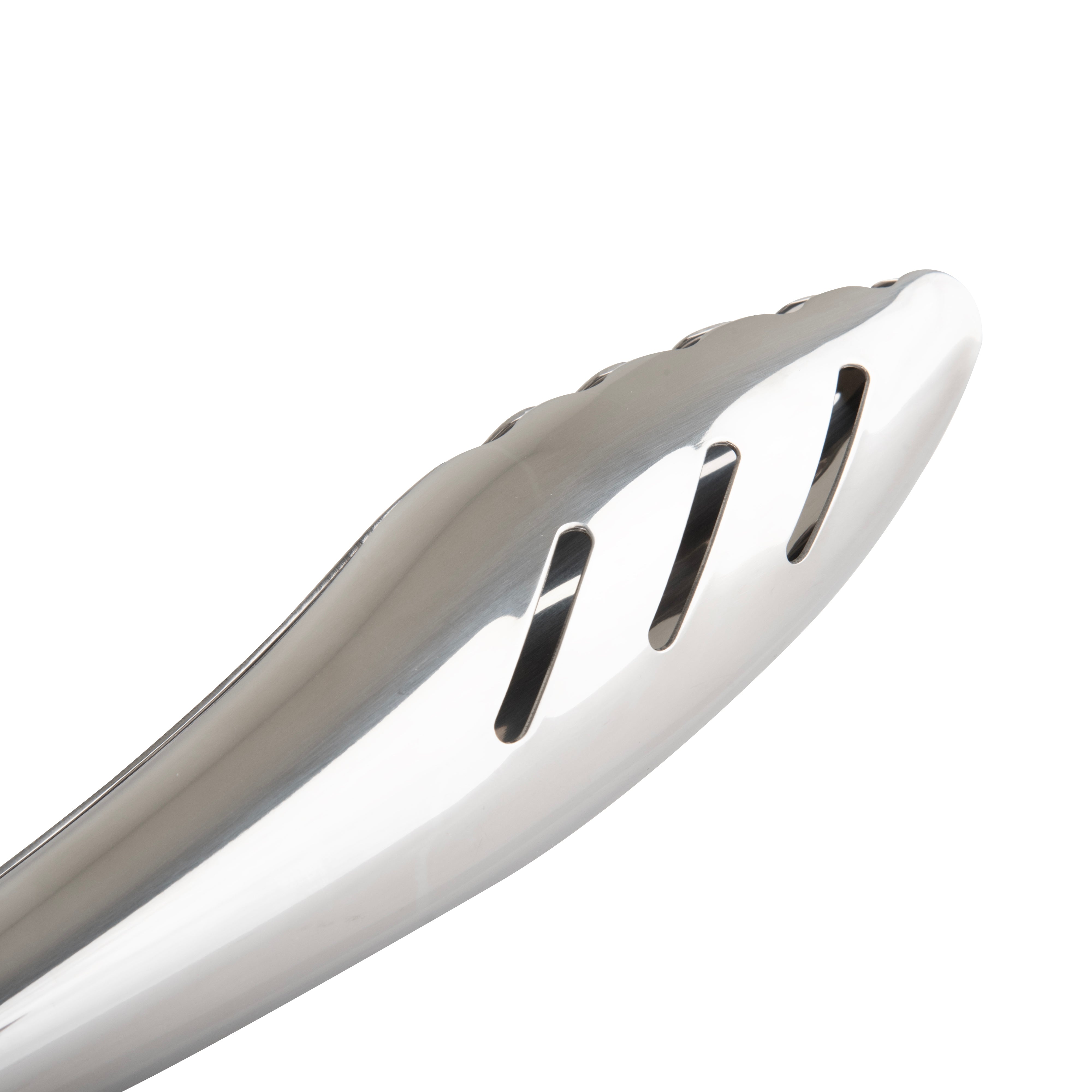 Close-up of Viking 12-inch Stainless Steel Gravity Tongs by Viking Culinary Products, featuring a shiny finish and curved edge with three elongated slots for easy one-handed use.