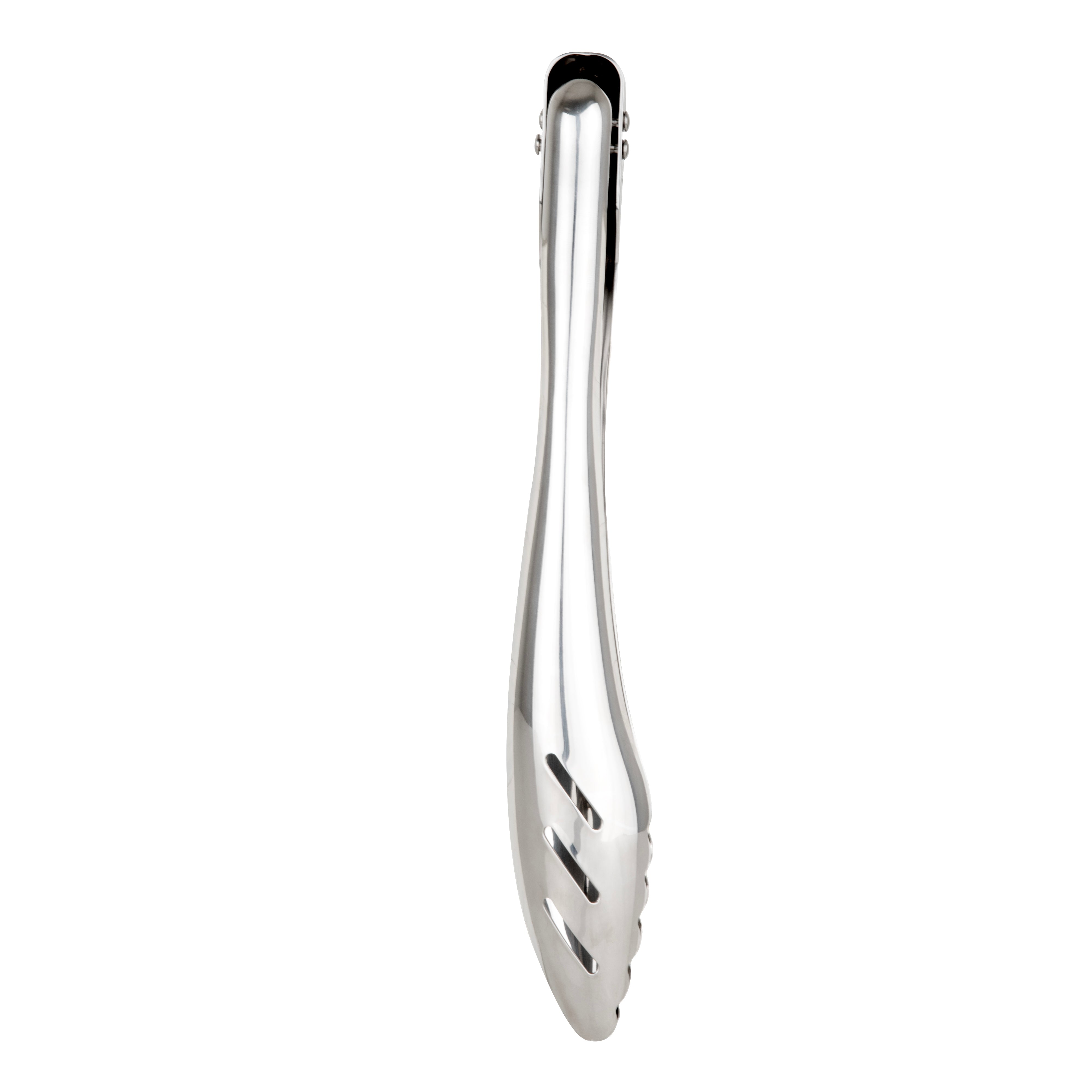 The Viking 12-inch Stainless Steel Gravity Tongs by Viking Culinary Products feature slotted ends for safe, one-handed use and are displayed against a white background.