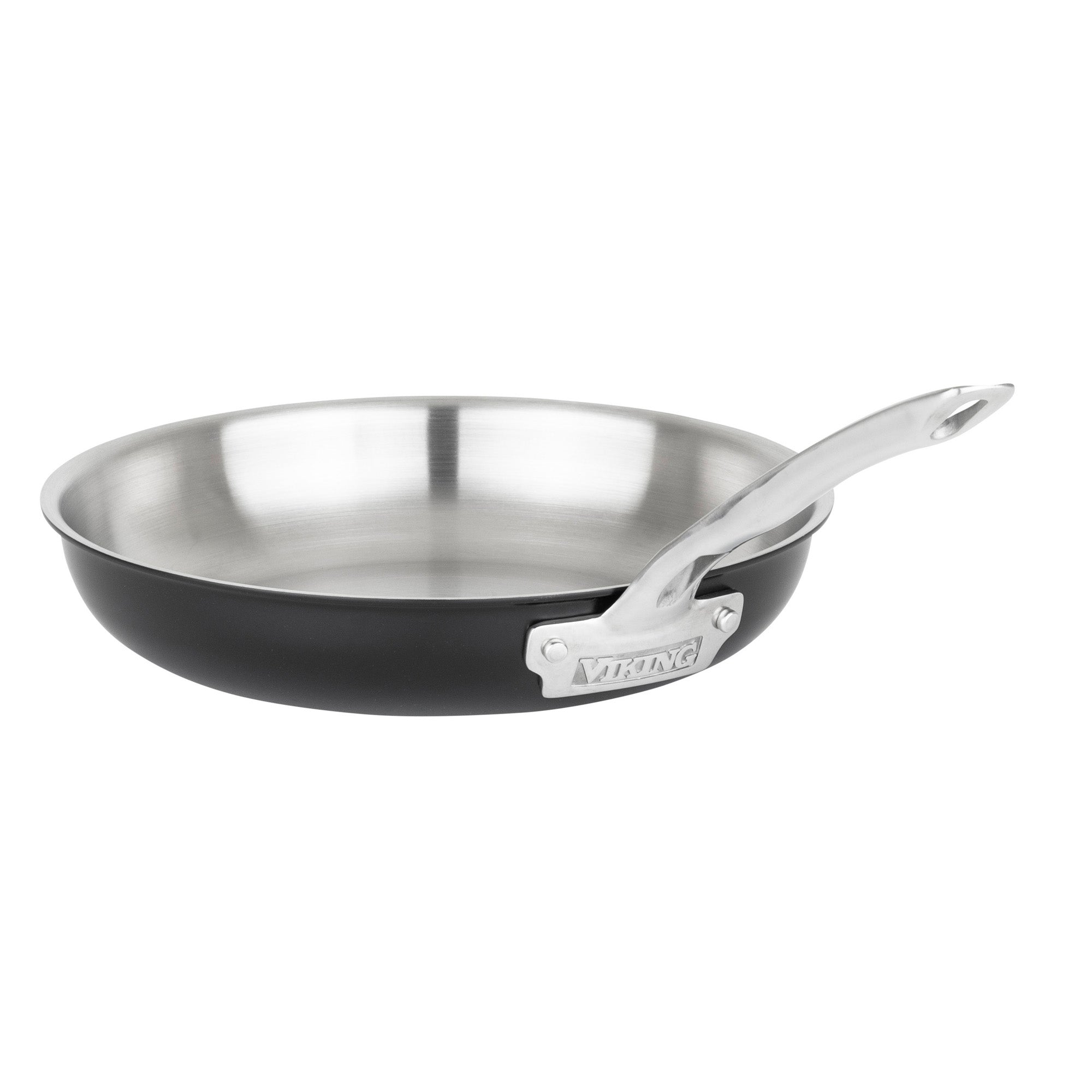 The Viking 12pc 3-Ply Cast Black Exterior Stainless Steel Cookware Set by Viking Culinary Products features a PFAS-free frying pan with an aluminum core, silver handle, and black exterior, shown on a plain white background.