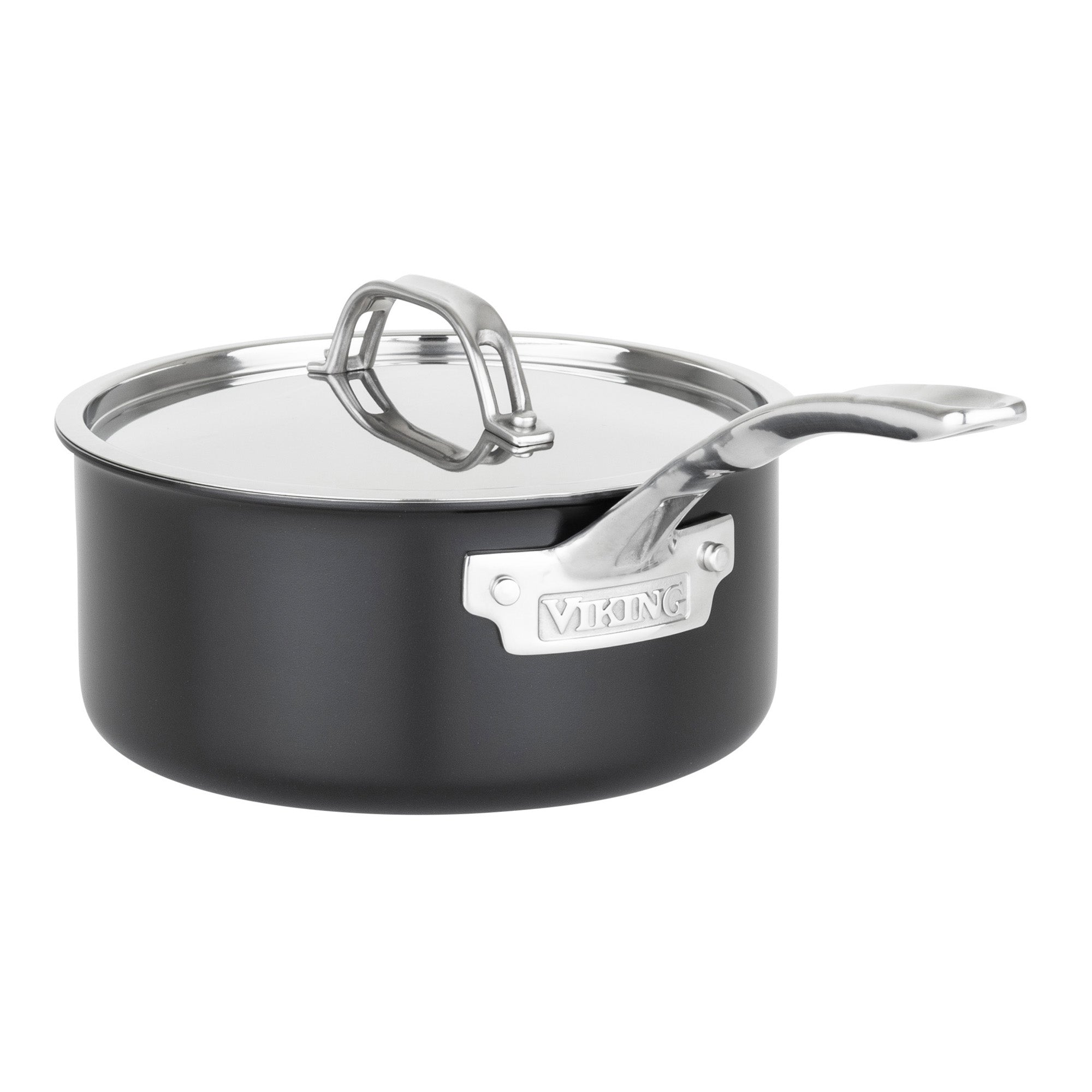 The Viking 12pc 3-Ply Cast Black Exterior Stainless Steel Cookware Set by Viking Culinary Products includes a black saucepan with a shiny metal handle, matching lid, metallic Viking label, aluminum core for even heating, and induction compatibility.