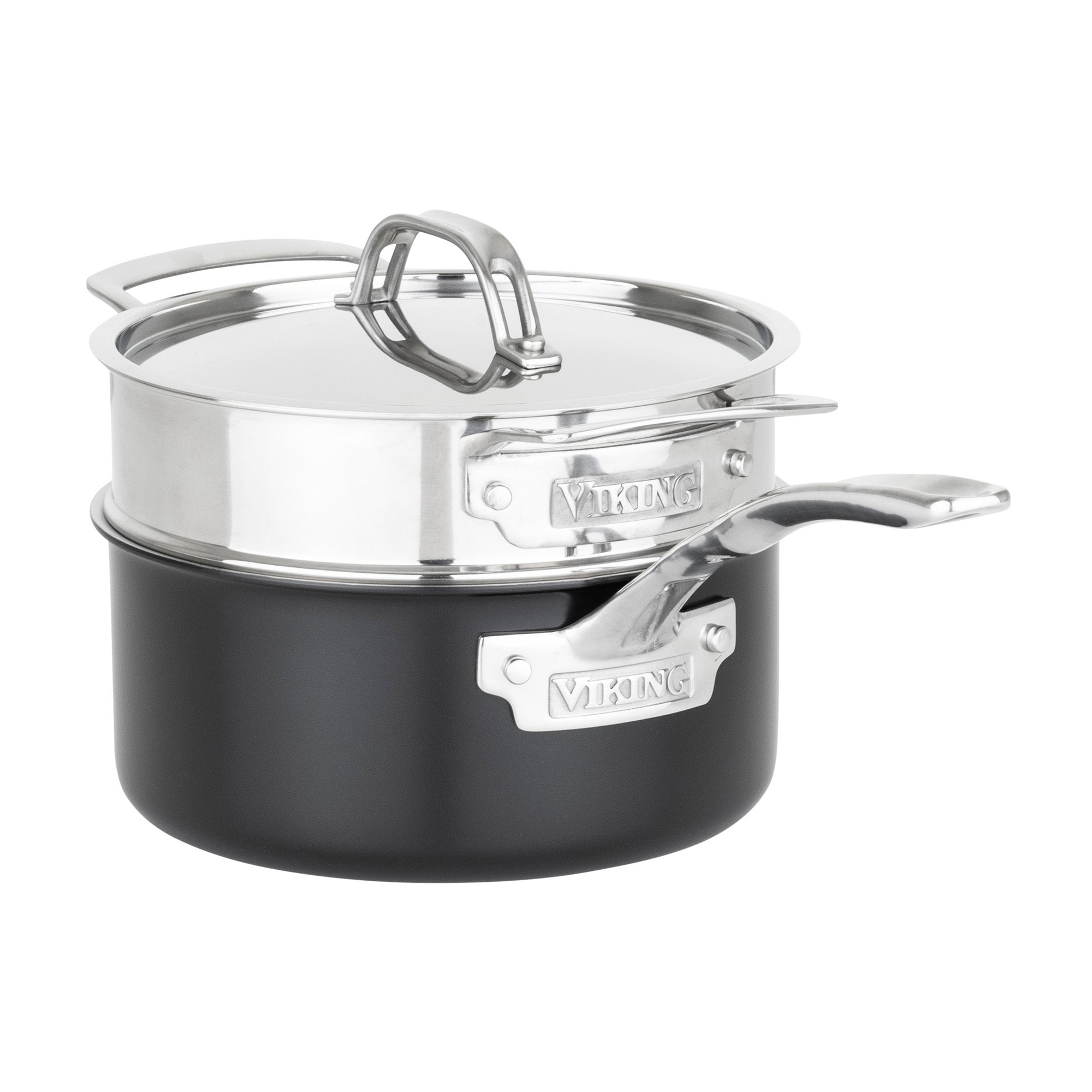 The Viking 12pc 3-Ply Cast Black Exterior Stainless Steel Cookware Set by Viking Culinary Products features a black saucepan, PFAS-free stainless steel steamer insert, and glass lid with sturdy metal handles; both are induction compatible and VIKING-branded.