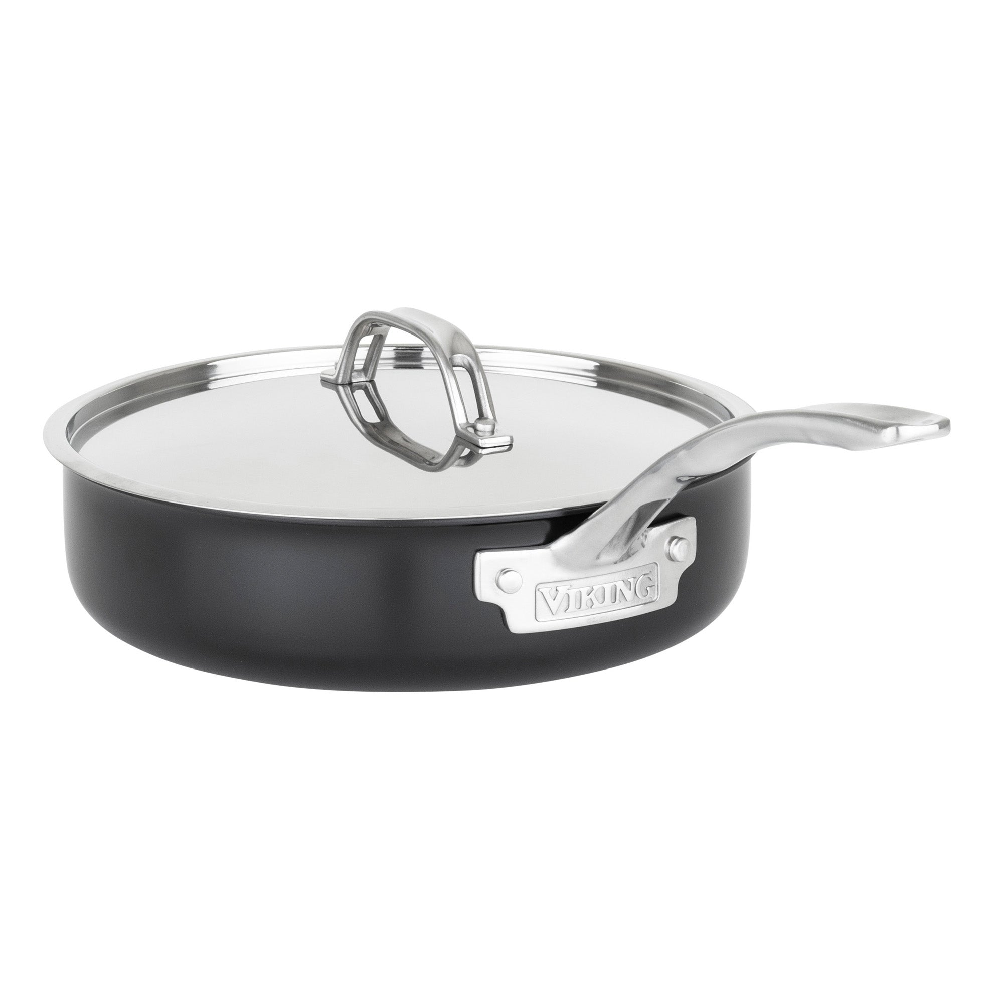 The Viking Culinary Products 12pc 3-Ply Cast Black Exterior Stainless Steel Cookware Set features PFAS-free, induction-compatible nonstick pans with aluminum cores, stainless steel handles and lids, plus Viking engraving on handle brackets.