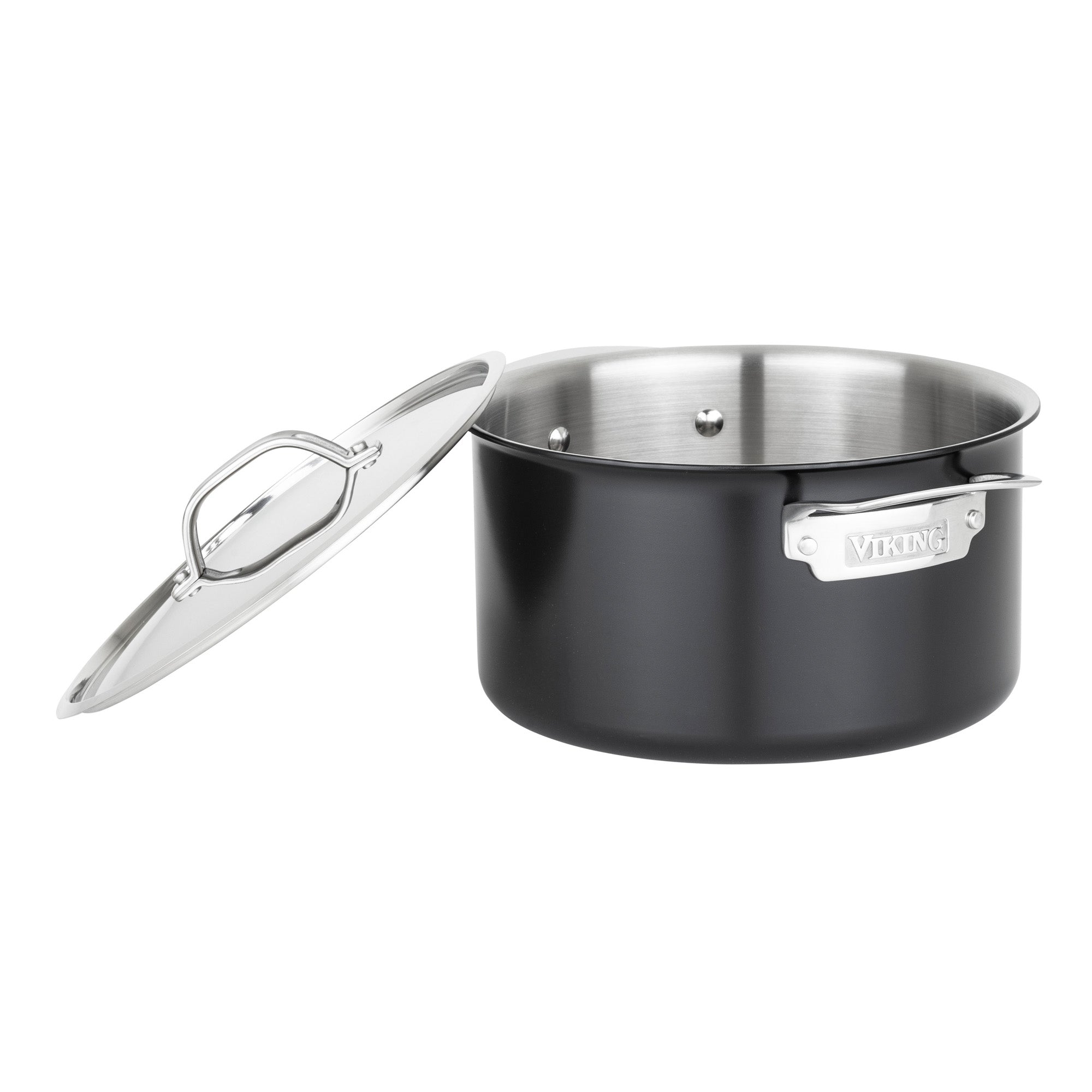 A Viking Culinary Products 12pc 3-Ply Cast Black Exterior Stainless Steel cooking pot with two handles and aluminum core, shown with its matching lid open beside it, on a white background.