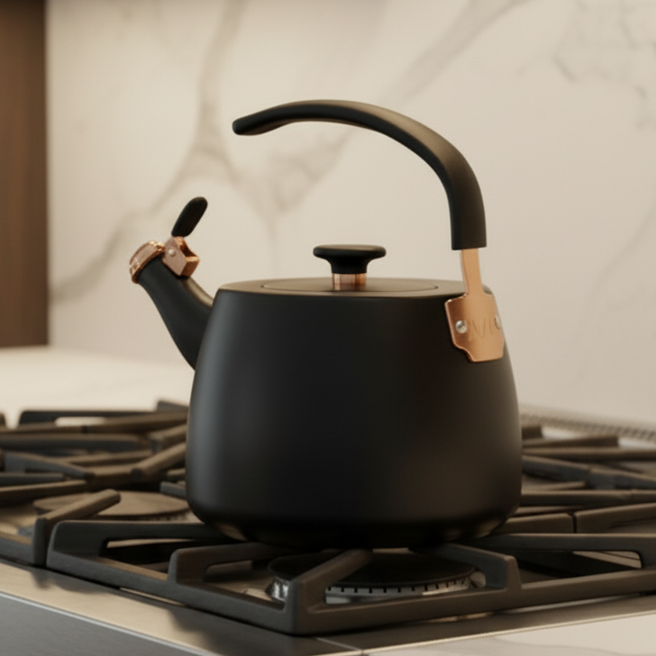 A Viking 2.6 Qt Stainless Steel Modern Teakettle from Viking Culinary Products, featuring a matte black body with elegant rose gold accents and a 3-ply base for induction compatibility, sits on a gas stove in a modern kitchen with a marble backsplash. Its heat-resistant handle ensures safe and comfortable pouring every time.