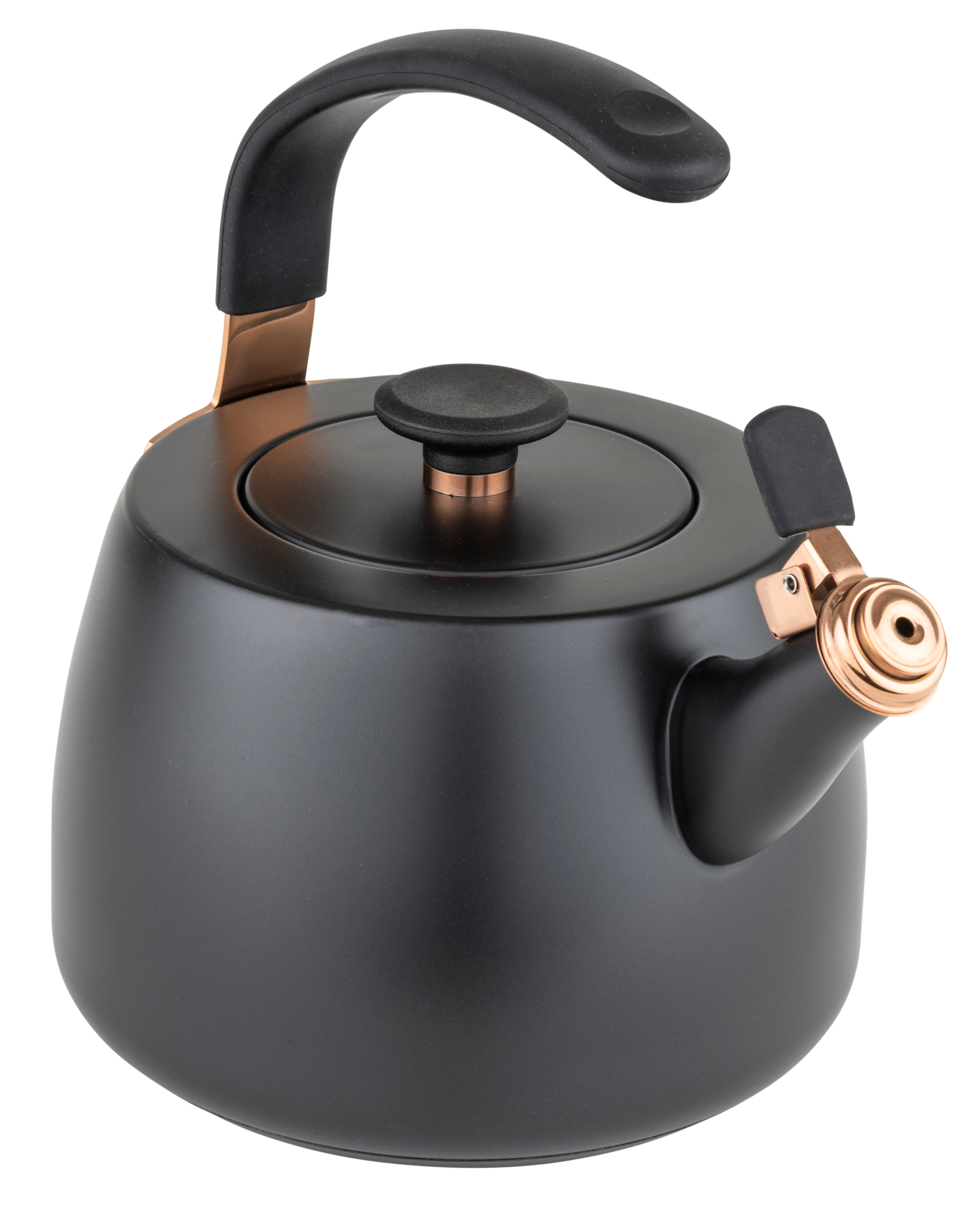 The Viking 2.6 Qt Stainless Steel Modern Teakettle from Viking Culinary Products features a matte black body with a curved black handle, rose gold accents on the lid and spout, and a round lid with a small knob. The spout includes a convenient flip-top cover.