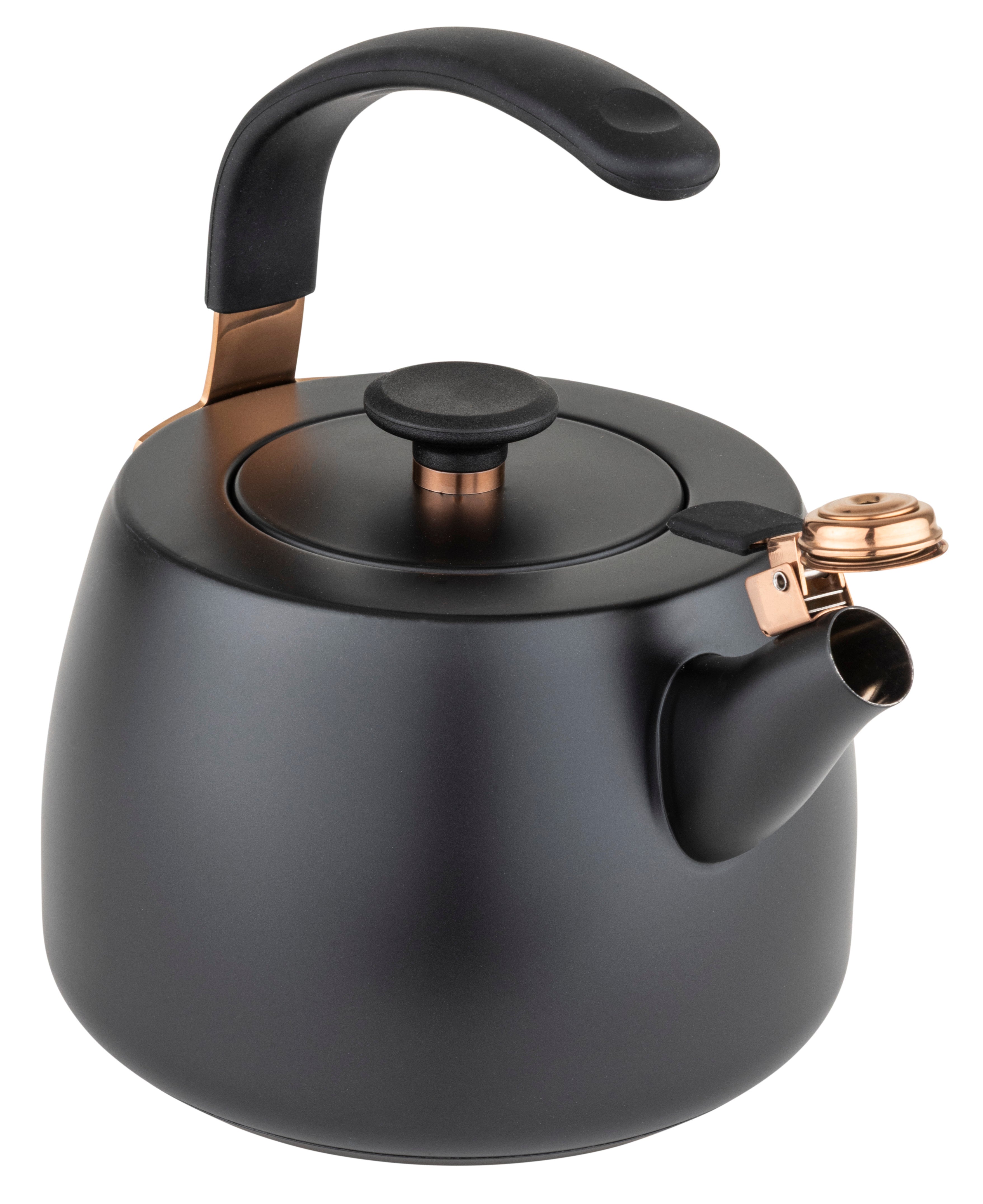 A Viking Culinary Products 2.6 Qt stainless steel modern teakettle with a matte black body, sleek curved handle, round lid, and rose gold accents on the spout and handle base, displayed against a white background.