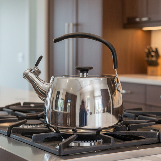 A Viking Culinary Products 2.6 Qt Stainless Steel Modern Teakettle with a 3-ply base and heat resistant handle sits on a gas stove in a modern kitchen, with sleek cabinets, a countertop, and a knife block visible in the background.