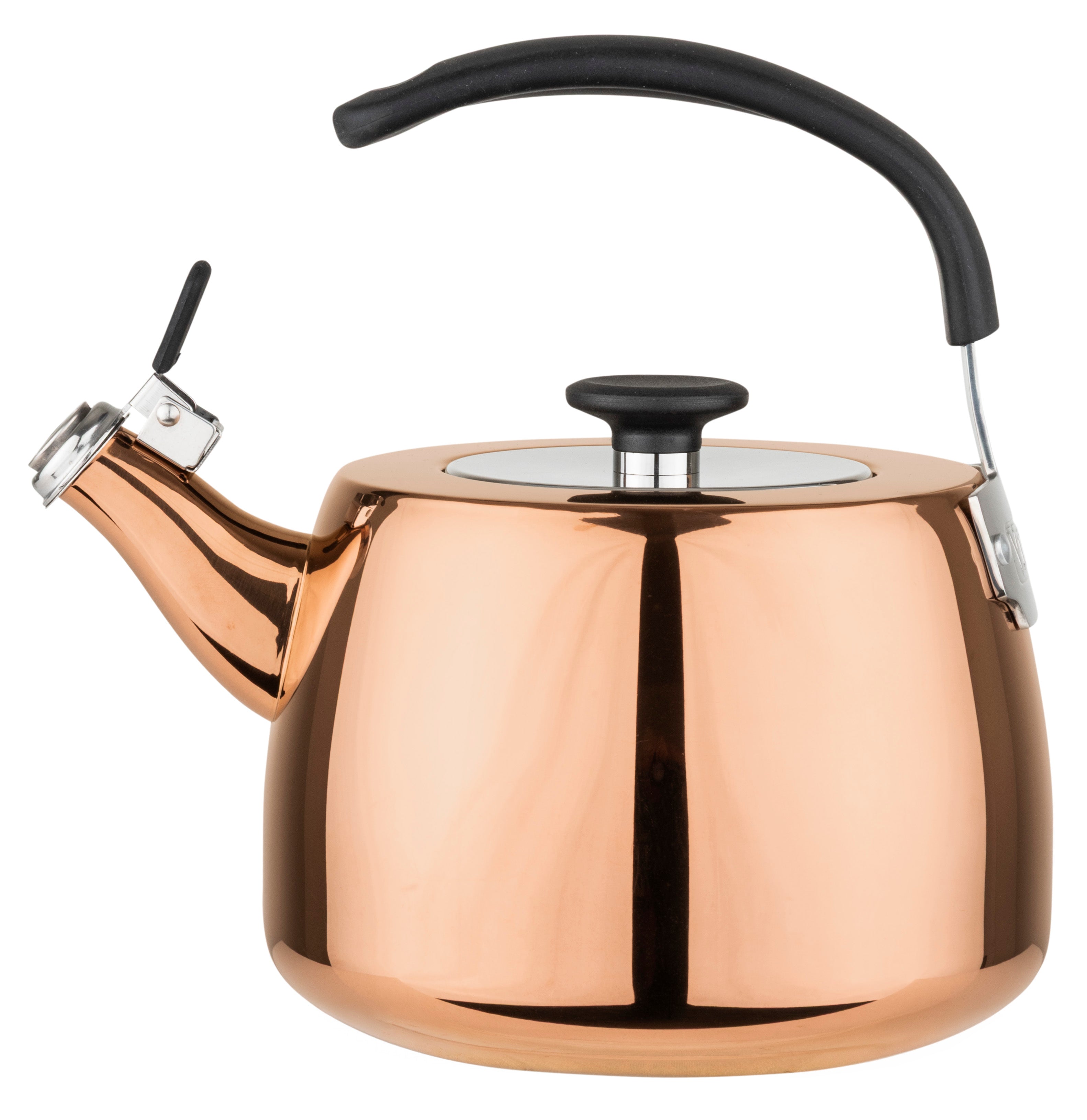 A Viking 2.6 Qt Stainless Steel Modern Teakettle with a rose gold finish, black handle, and spout lever from Viking Culinary Products is shown against a white background.