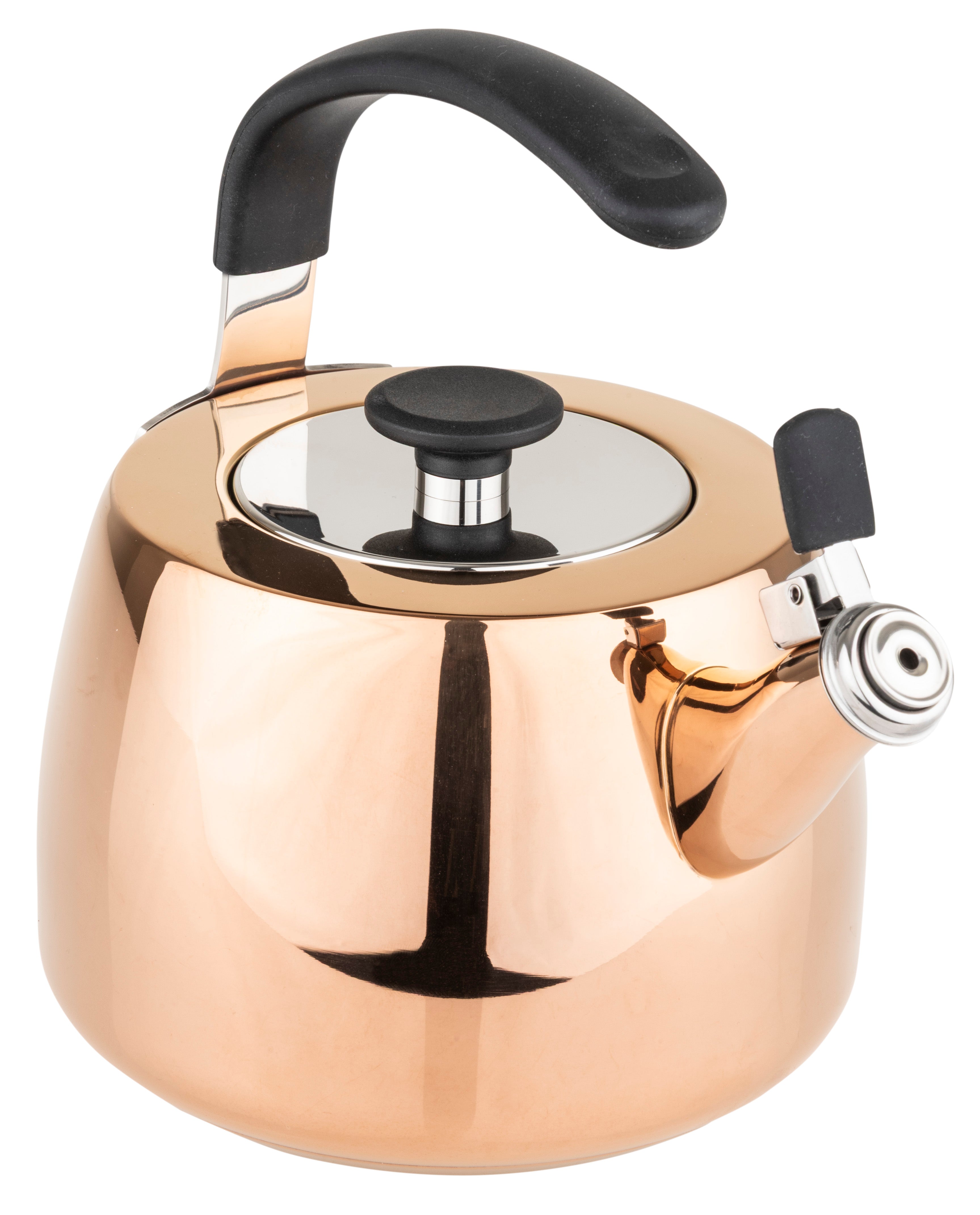 A Viking 2.6 Qt Stainless Steel Modern Teakettle with a rose gold finish, featuring a black handle and spout lever from Viking Culinary Products, displayed on a white background.