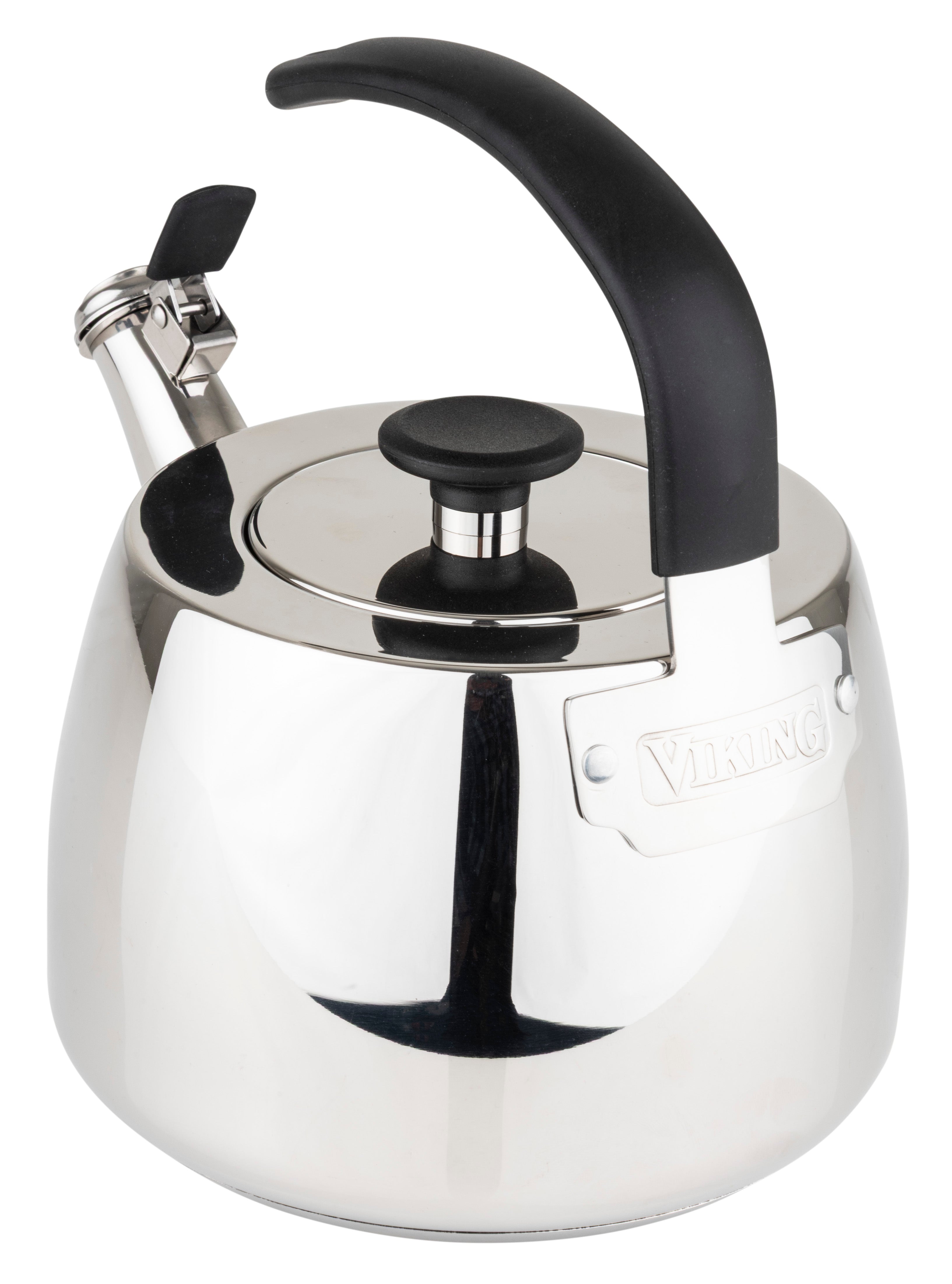 A Viking Culinary Products 2.6 Qt Stainless Steel Modern Teakettle with a 3-ply base and a mirror finish, featuring a black handle and spout cover, is displayed on a white background with the “Viking” logo visible on the front.