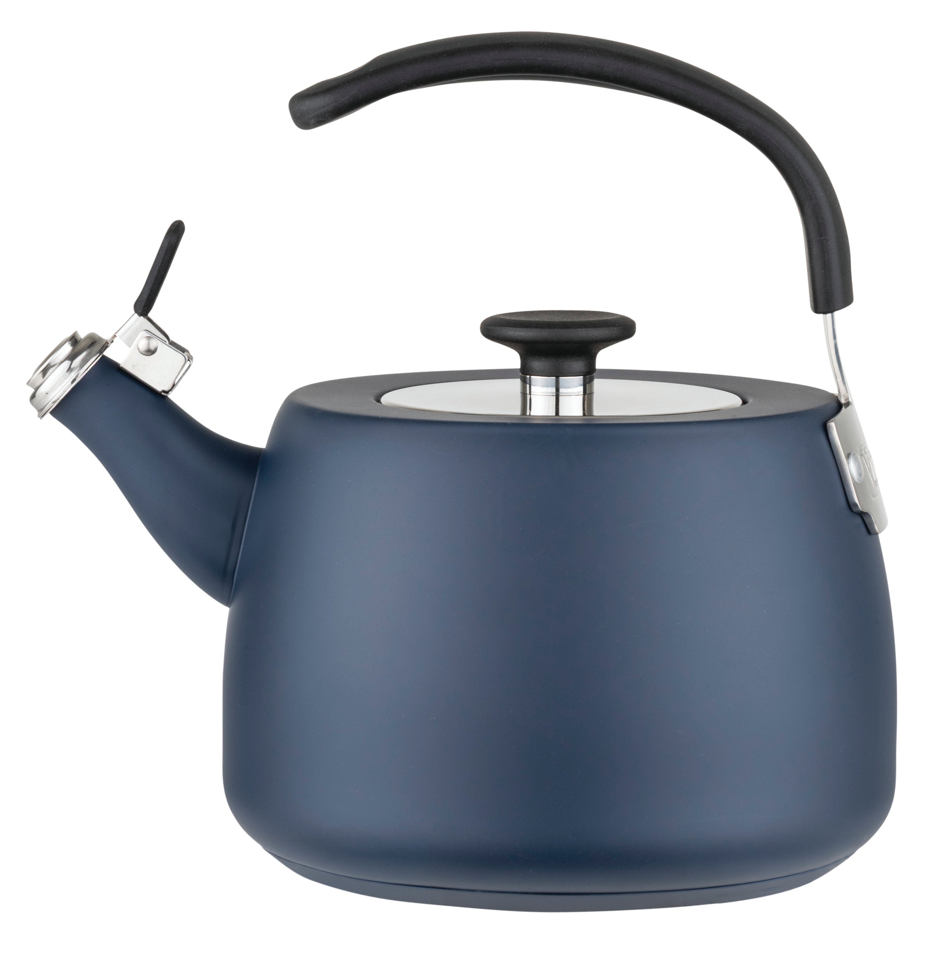 A Viking Culinary Products 2.6 Qt Stainless Steel Modern Teakettle with a 3-ply base is shown in slate blue matte finish, featuring a black handle and silver accents on the spout cover and lid. The kettle is viewed from the side against a white background.