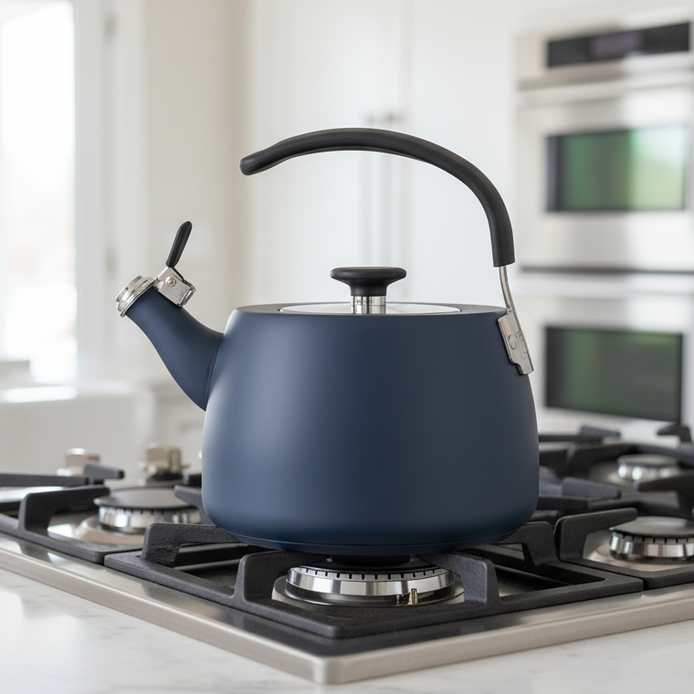 A Viking 2.6 Qt Stainless Steel Modern Teakettle in slate blue from Viking Culinary Products sits on a modern gas stove in a bright kitchen, featuring a heat resistant handle, with double ovens visible in the background.